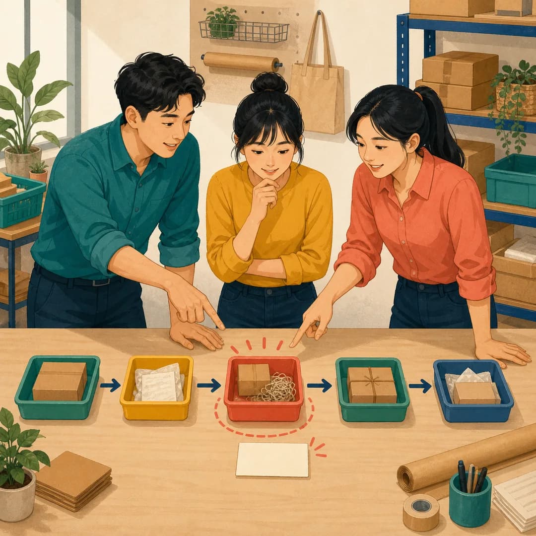 Ba người rà một luồng kiện hàng trên bàn và chọn một nút thắt cần sửa