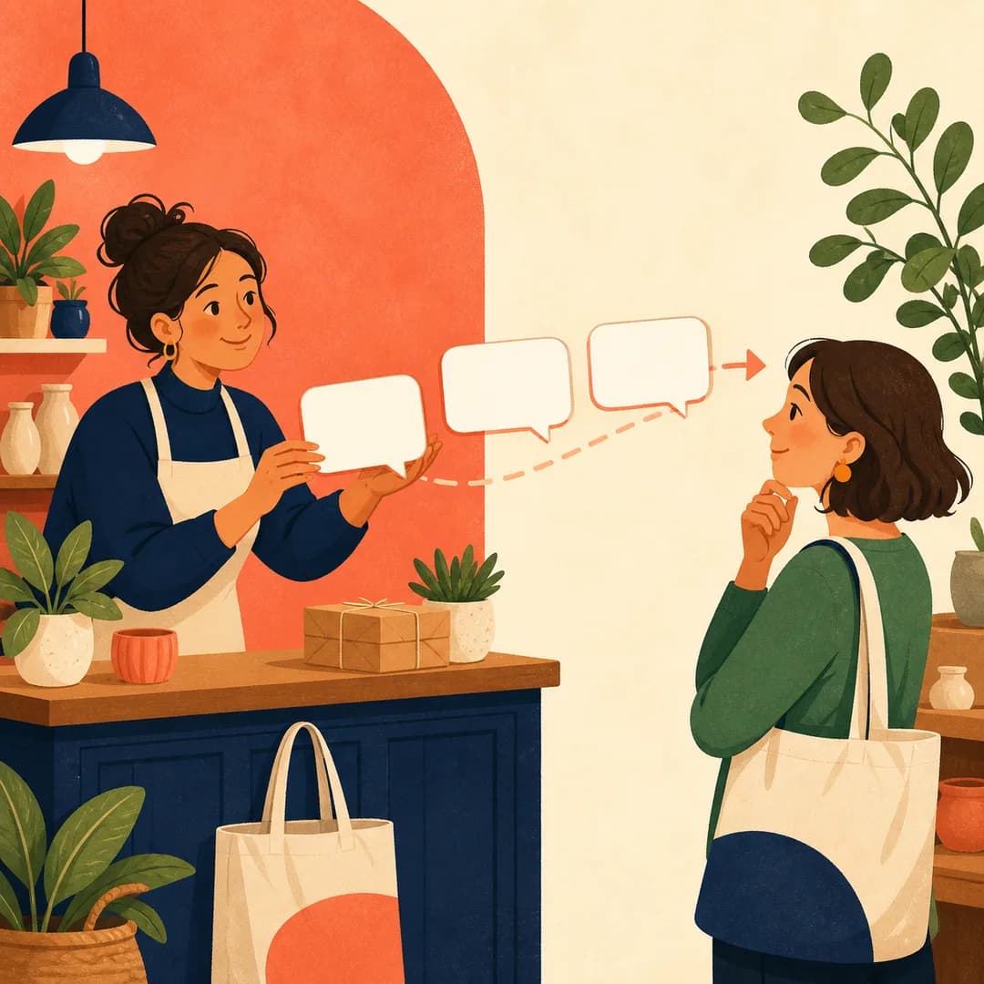 Nhân viên shop chuẩn bị một chuỗi thẻ tin nhắn ngắn cho khách đang cân nhắc