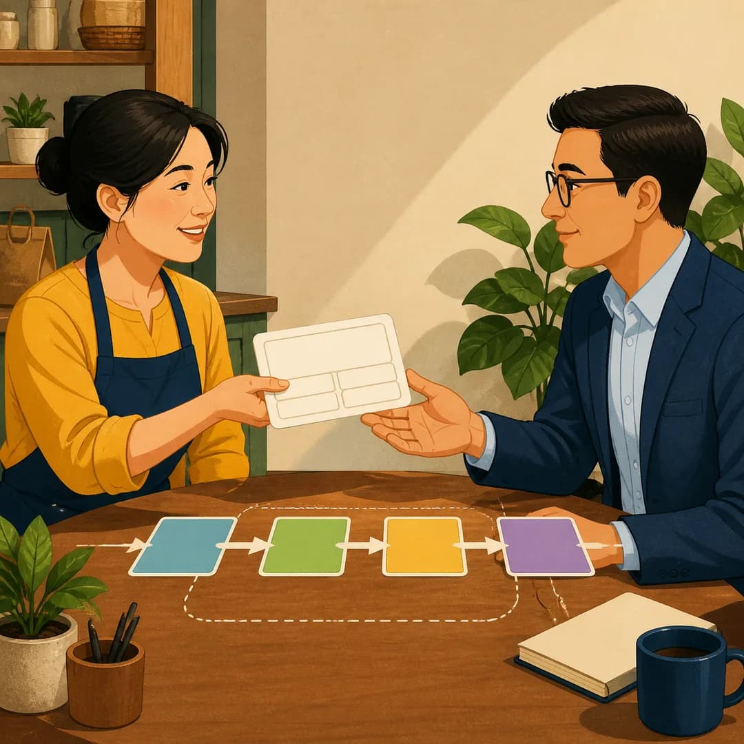 Chủ shop trao một phiếu việc trống có cấu trúc cho chuyên gia qua bàn quy trình