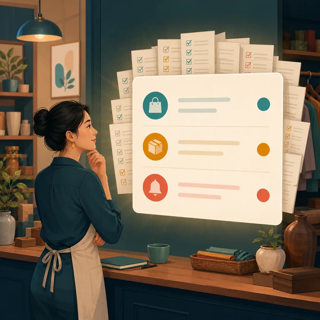 Chủ shop xem một bảng tổng hợp ít tín hiệu rõ trong khi nhiều phiếu việc được gom gọn phía sau