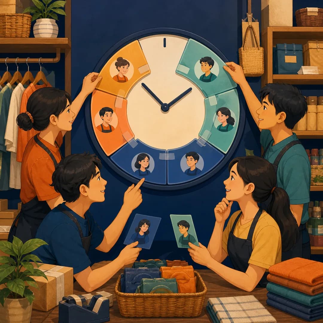 Đội shop nhỏ cùng xếp thẻ ca trực quanh một chiếc đồng hồ