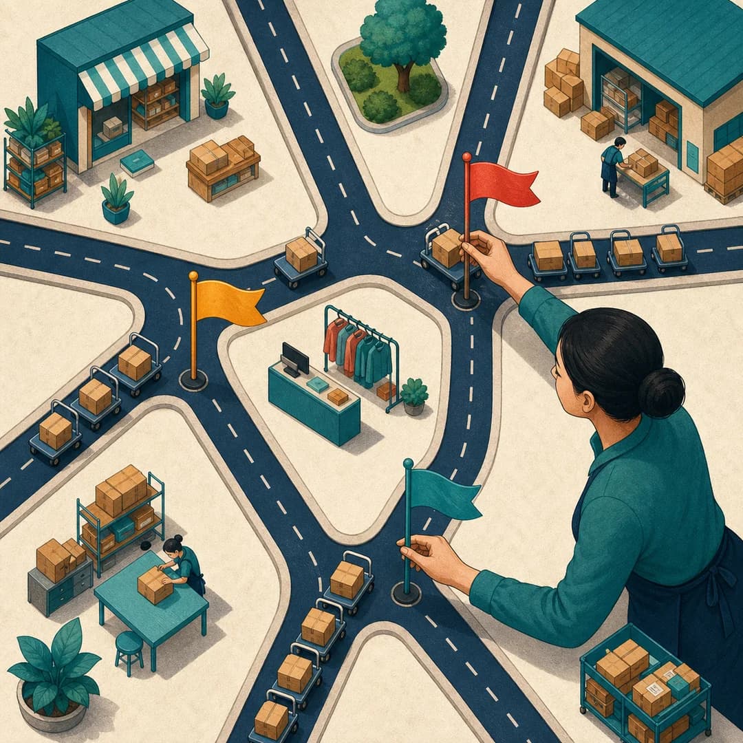 Chủ shop đặt cờ màu tại ba giao lộ đang tắc xe chở kiện hàng