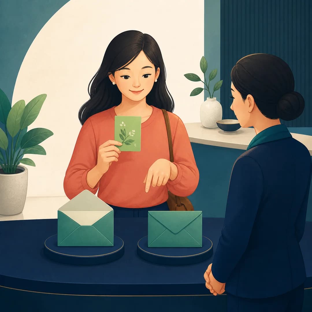 Khách hàng cầm thiệp mời và tự chọn giữa phong bì mở hoặc đóng trước nhân viên shop