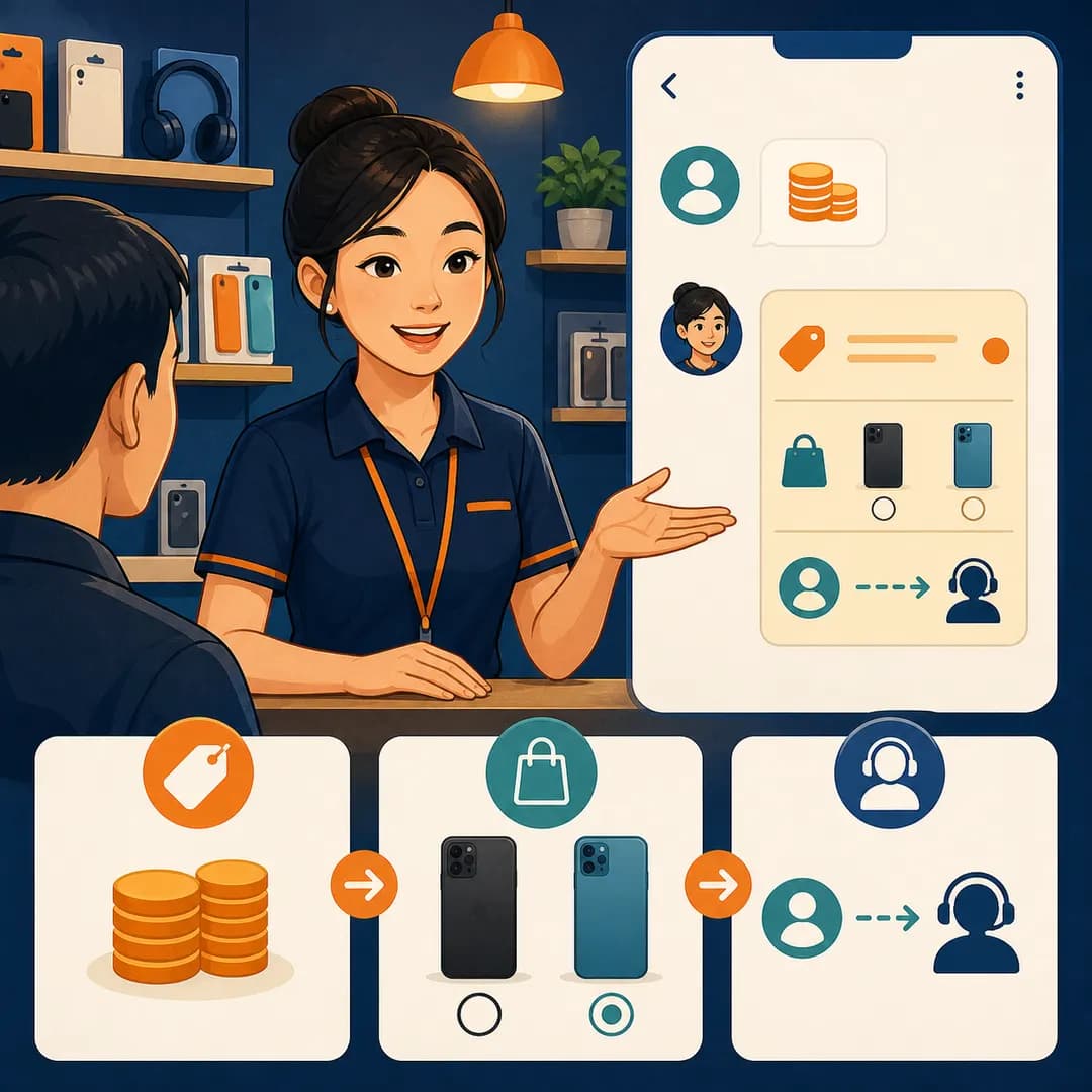 Nhân viên shop trình bày giá, hai lựa chọn sản phẩm và đường chuyển chuyên viên bằng các biểu tượng