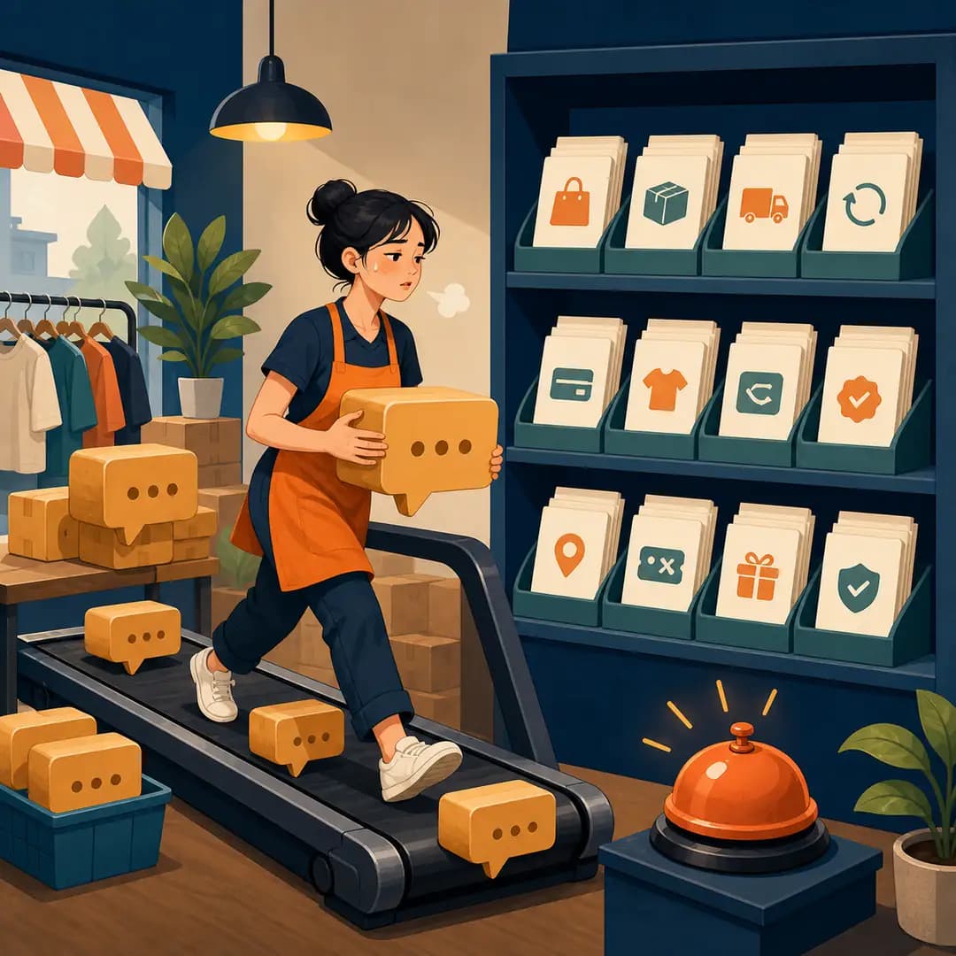 Nhân viên shop chuyển các gói câu hỏi lặp lại vào kệ đáp án đã sắp xếp