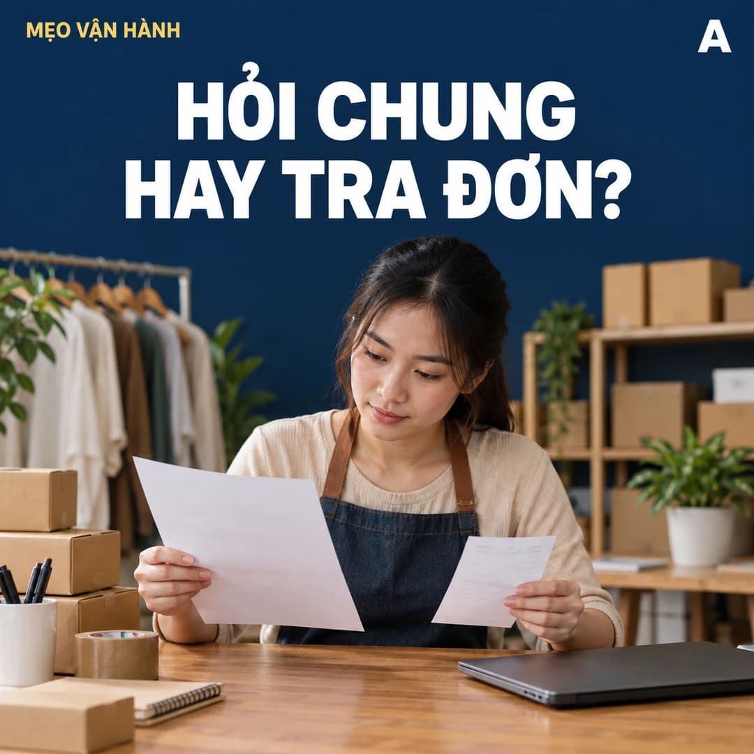Chủ shop Việt Nam đối chiếu tờ hướng dẫn chung với phiếu đơn trên bàn làm việc