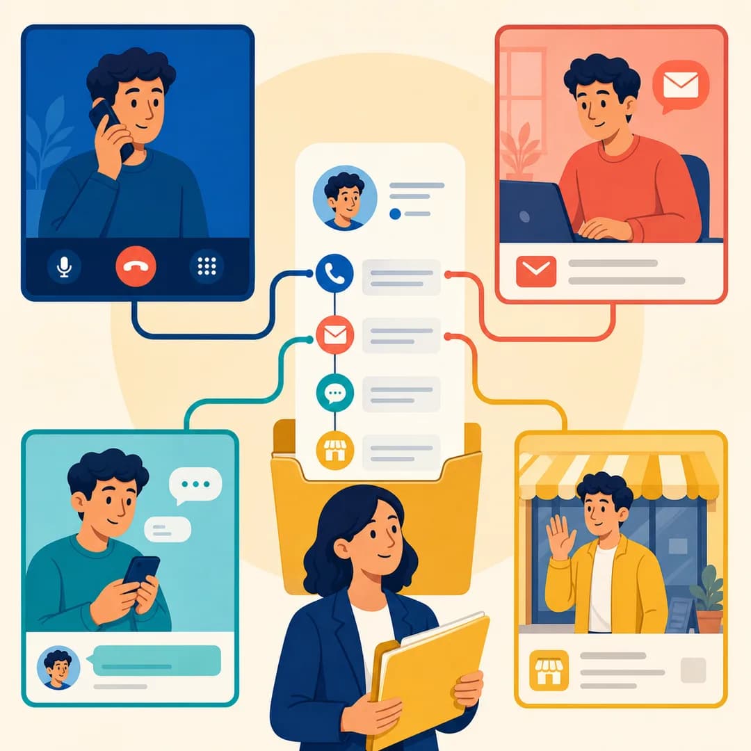 Nhân viên chăm sóc khách hàng giữ một hồ sơ liên tục nối điện thoại, email, trò chuyện và cửa hàng