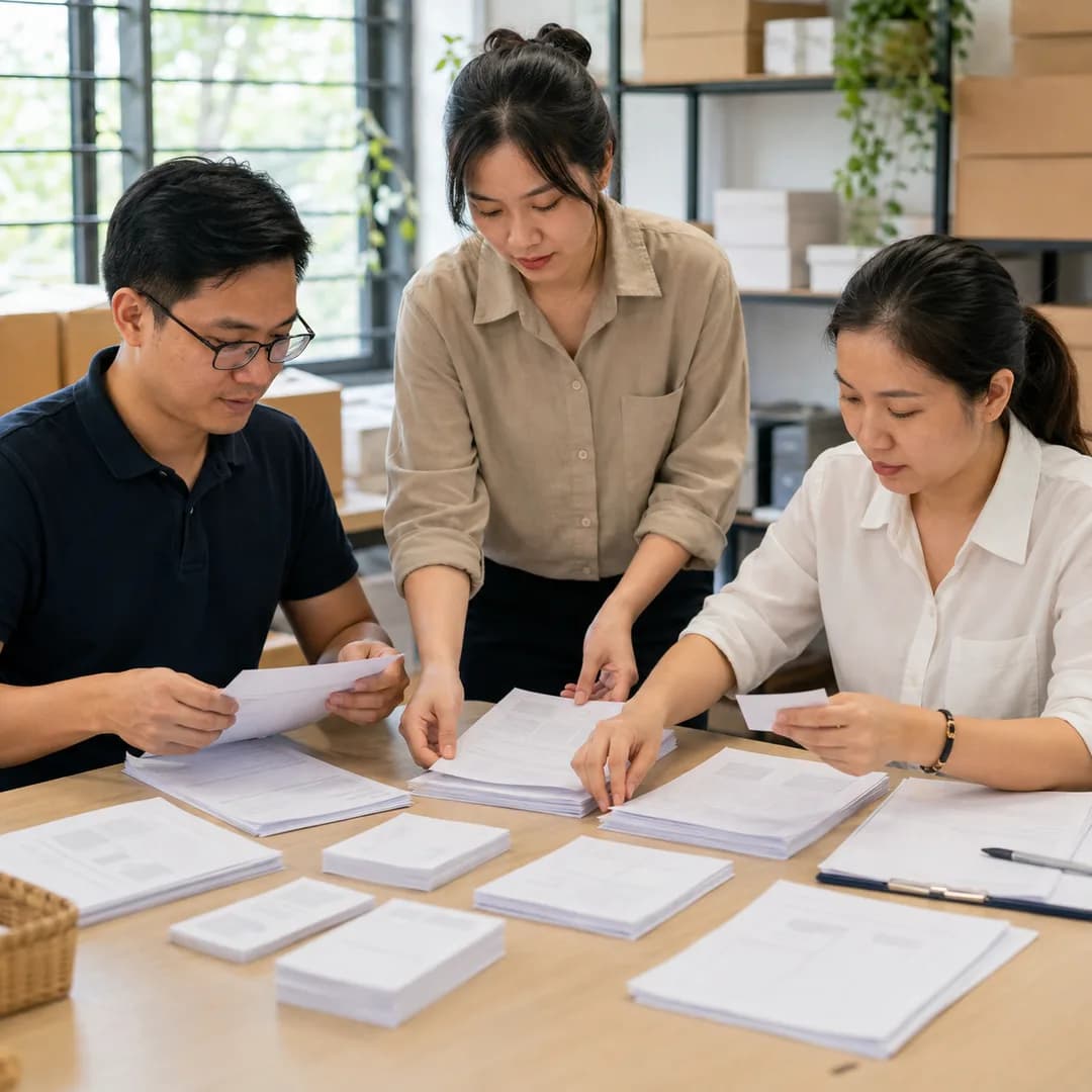 Quản lý và nhân viên Việt Nam đối chiếu hồ sơ bằng chứng trước khi tự động hóa một quy trình