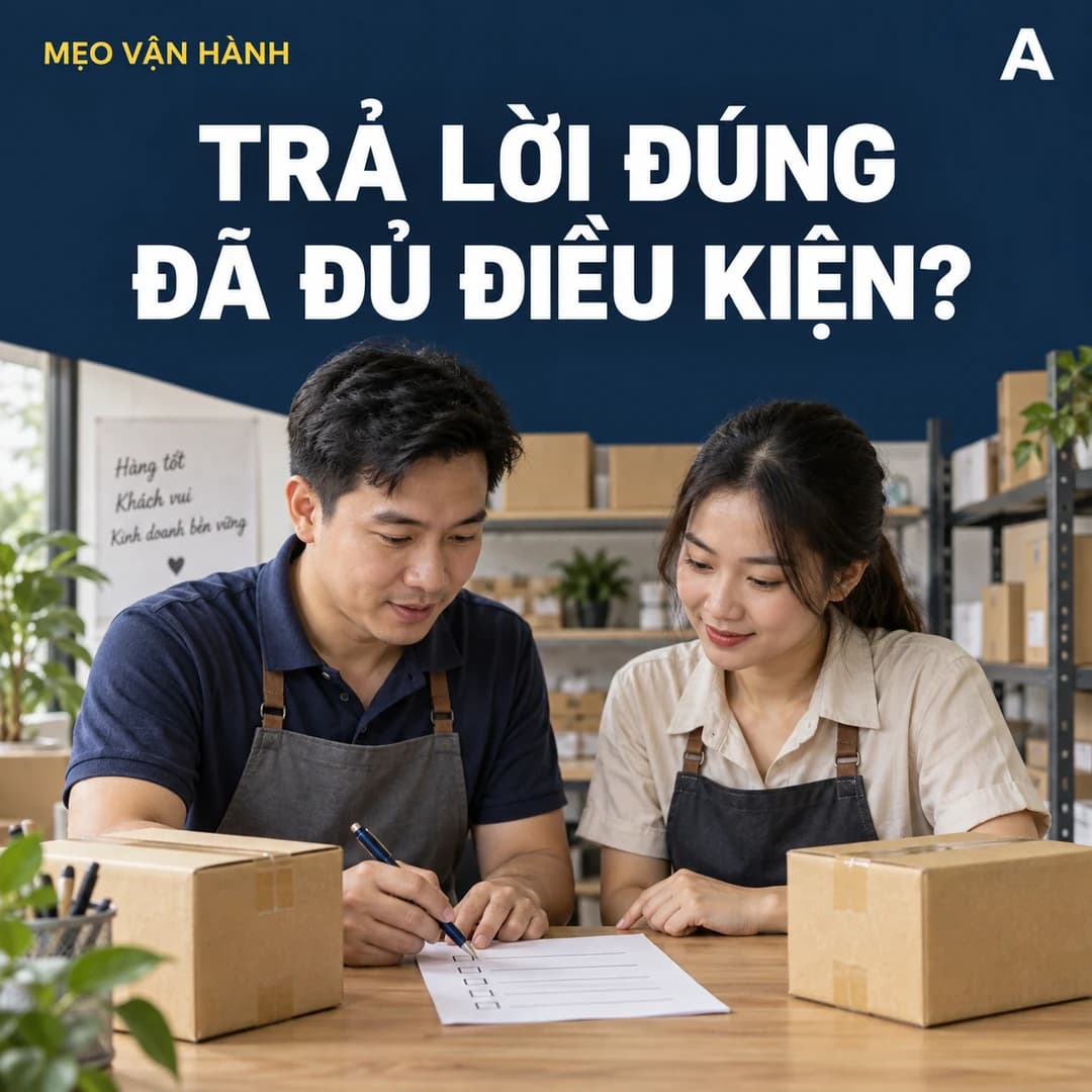 Quản lý và nhân viên shop Việt Nam rà bảng kiểm trên giấy tại quầy đóng gói