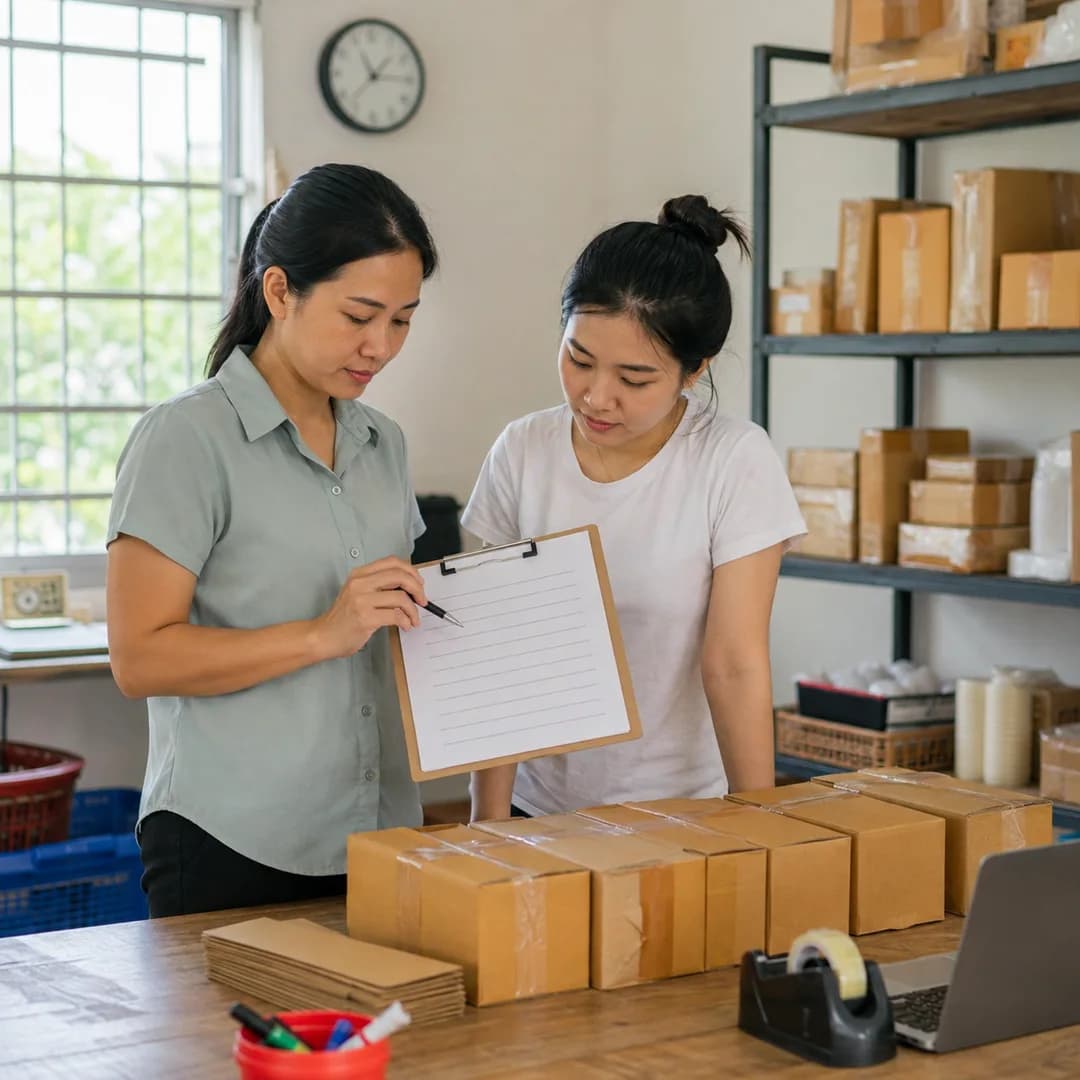 Quản lý và nhân viên shop Việt Nam kiểm bảng năng suất cạnh các kiện hàng đã đối chiếu