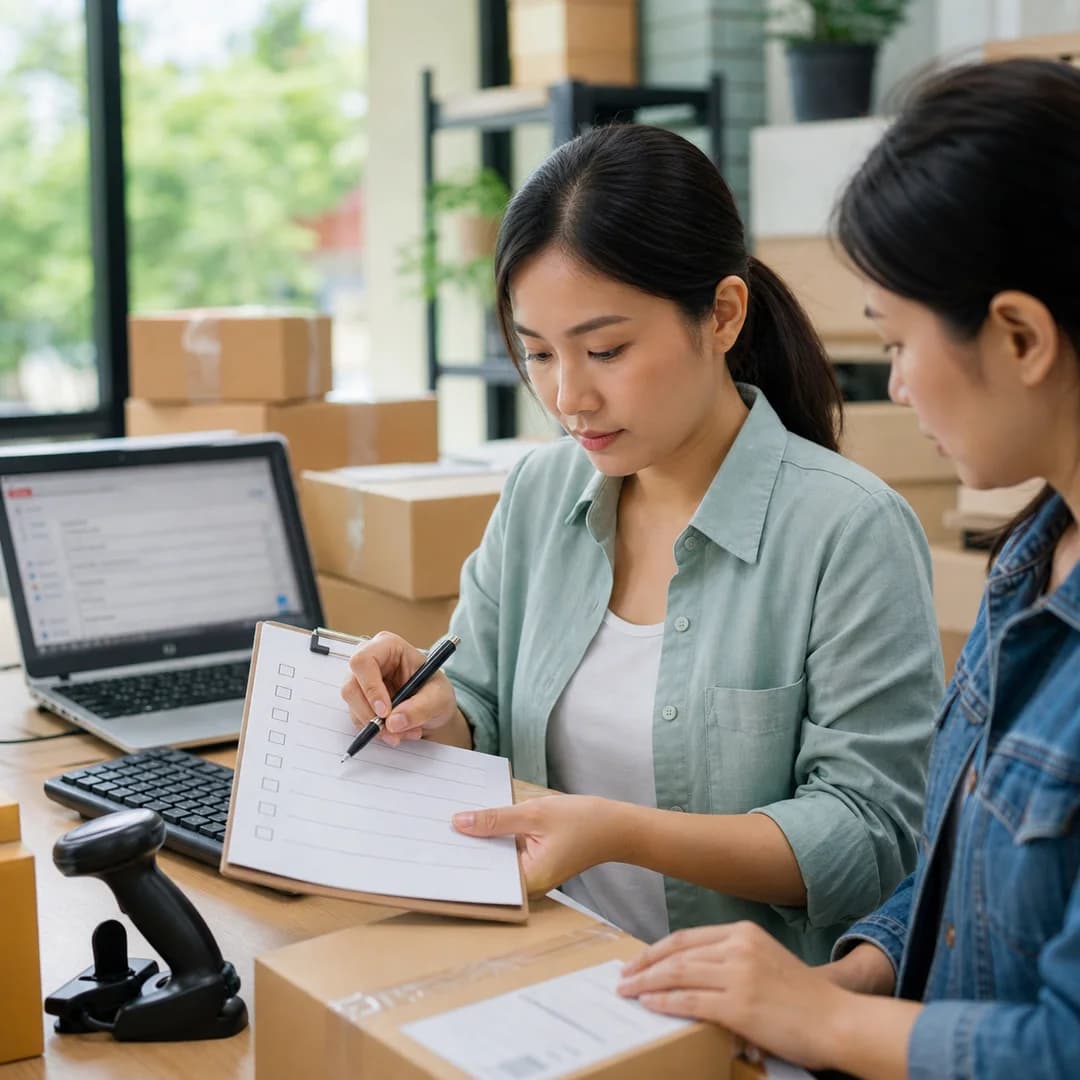 Chủ shop Việt Nam và nhân viên rà danh sách kiểm dữ liệu trước khi tự động hóa