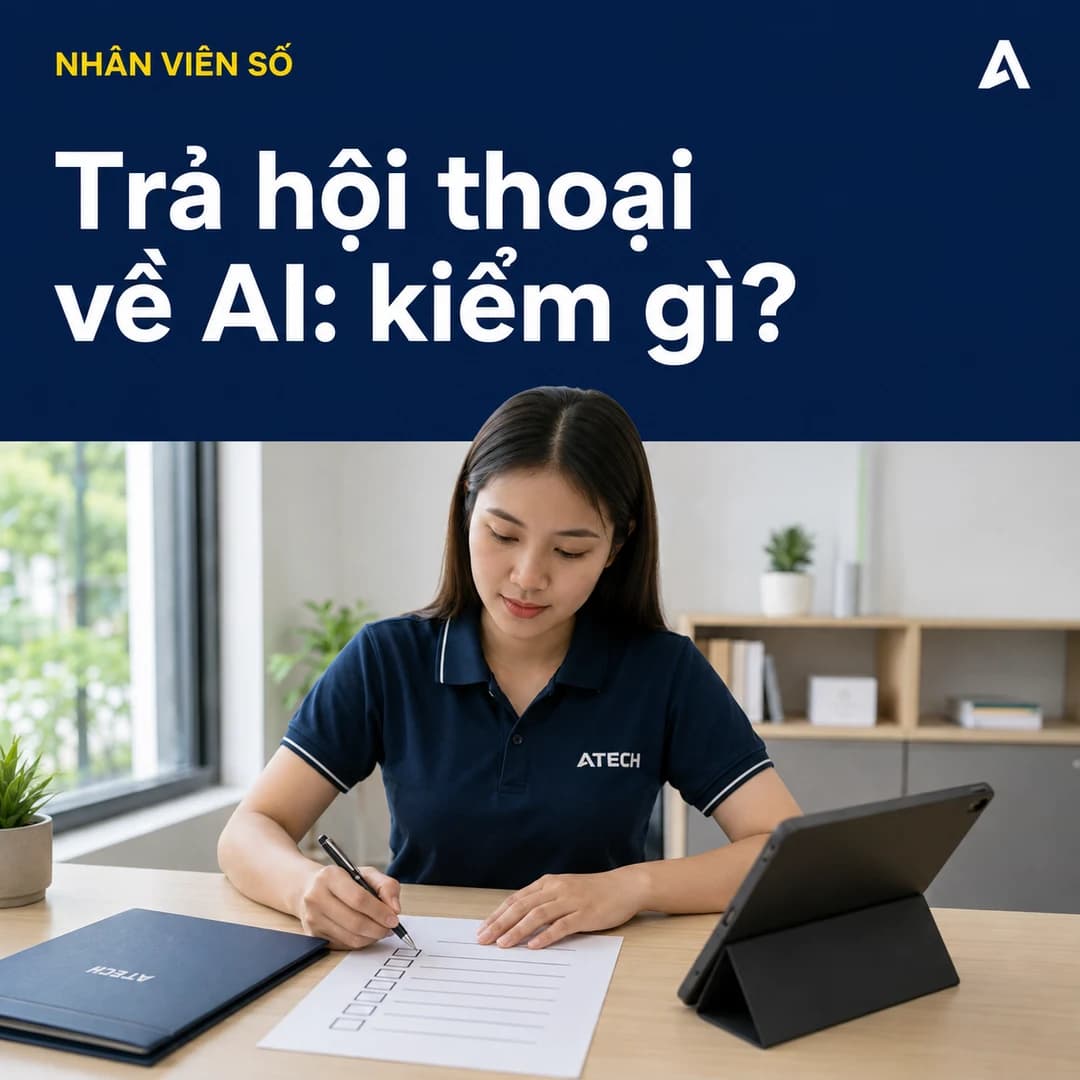 Ảnh AI minh họa nữ nhân viên Việt Nam rà bảng kiểm cạnh máy tính bảng