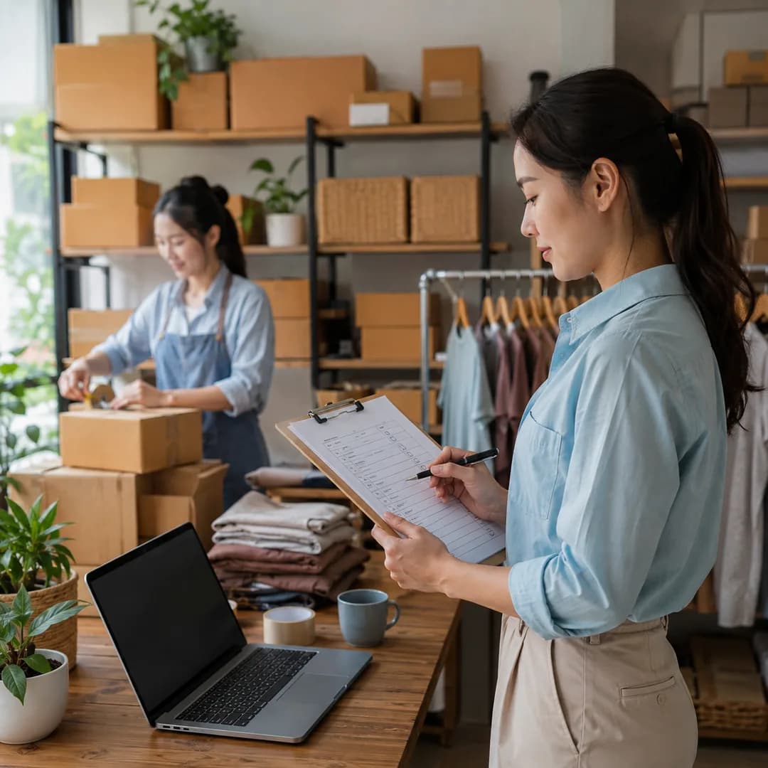 Quản lý và nhân viên shop Việt Nam kiểm danh sách trước giờ bán hàng cao điểm