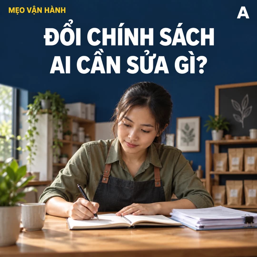 Quản lý cửa hàng Việt Nam ghi sổ công việc cạnh tập tài liệu chính sách trên bàn làm việc