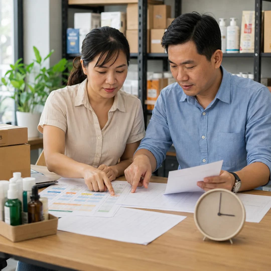 Chủ doanh nghiệp Việt Nam và nhân viên xem bảng hạng mục chi phí cạnh sơ đồ quy trình
