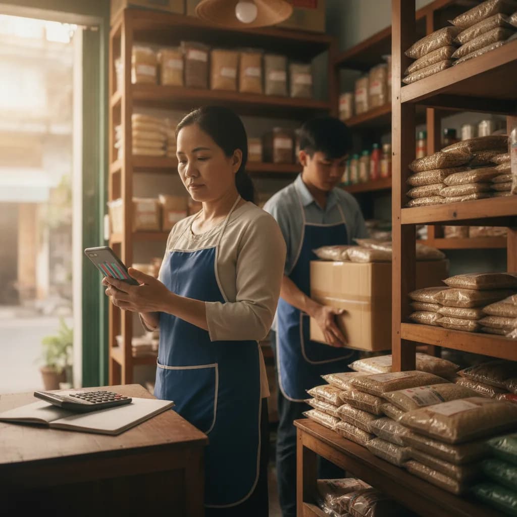 Chủ shop người Việt đứng cạnh kệ hàng trong cửa hàng nhỏ buổi sáng, một tay cầm điện thoại xem lại đơn hàng, phía sau nhân viên đang sắp xếp thùng hàng mới nhập