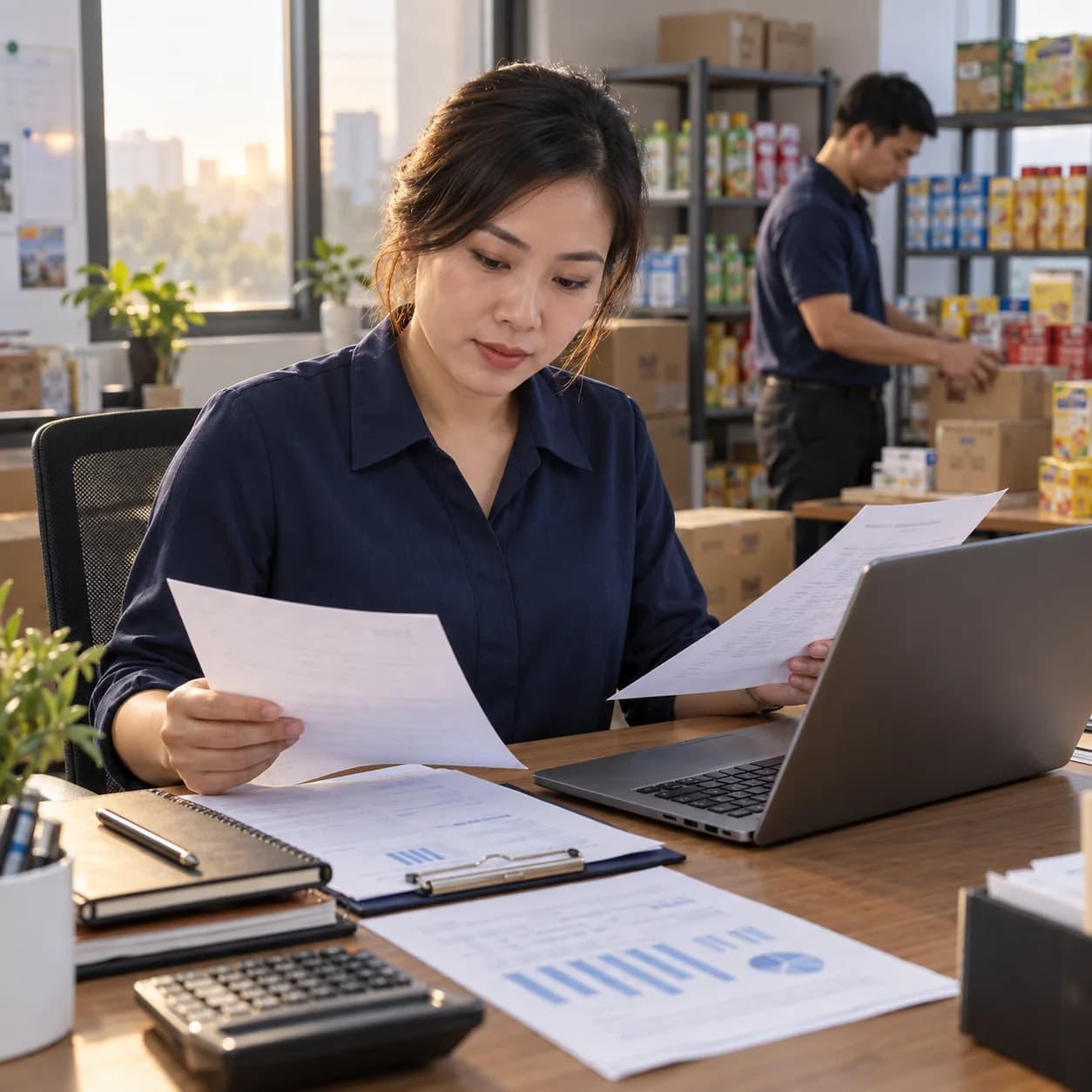 Ảnh AI minh họa người quản lý Việt đang đối chiếu giấy khuyến mãi và đơn bán cạnh máy tính tại kho hàng tiêu dùng