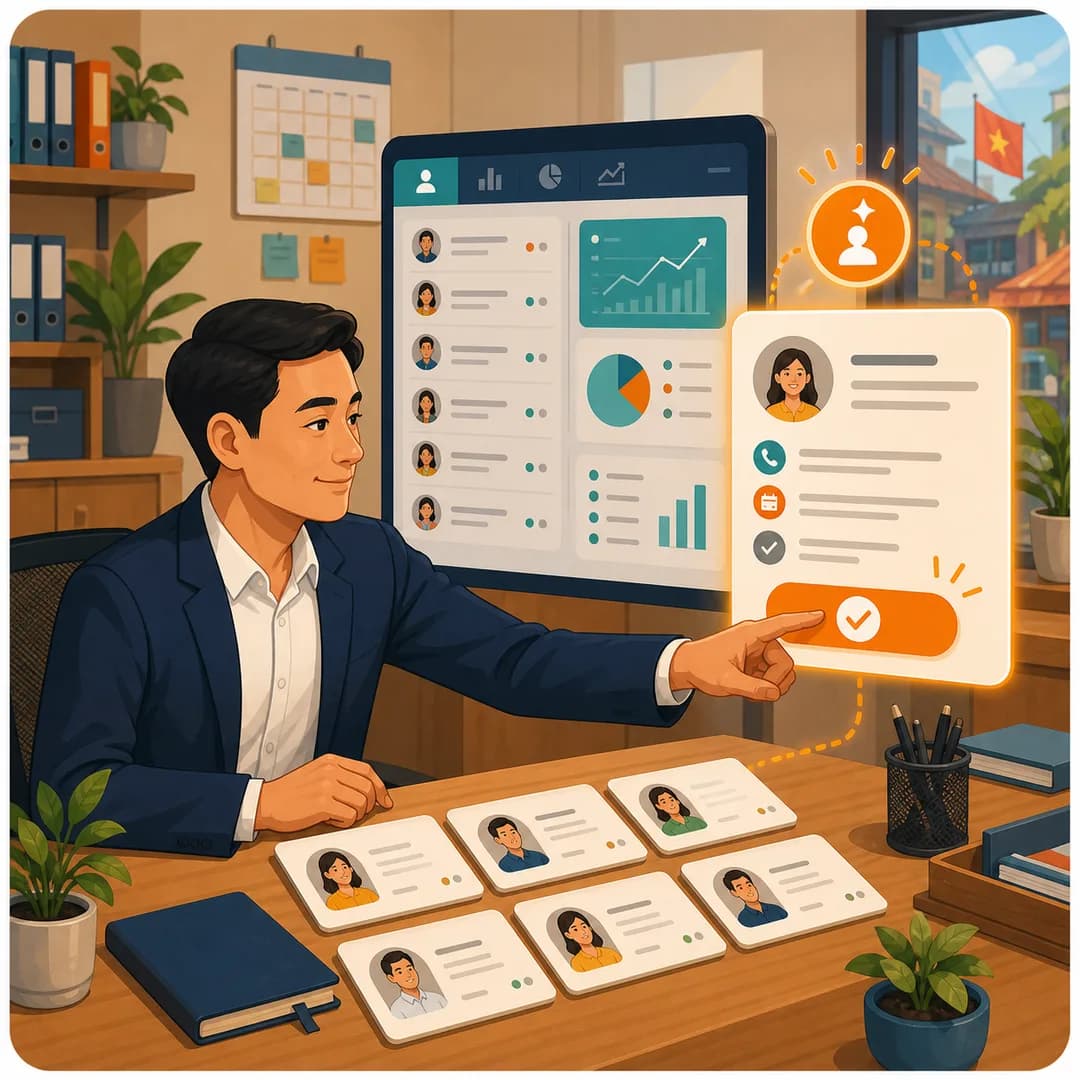 Người quản lý duyệt một bước gợi ý trên hồ sơ khách hàng trong hệ thống CRM