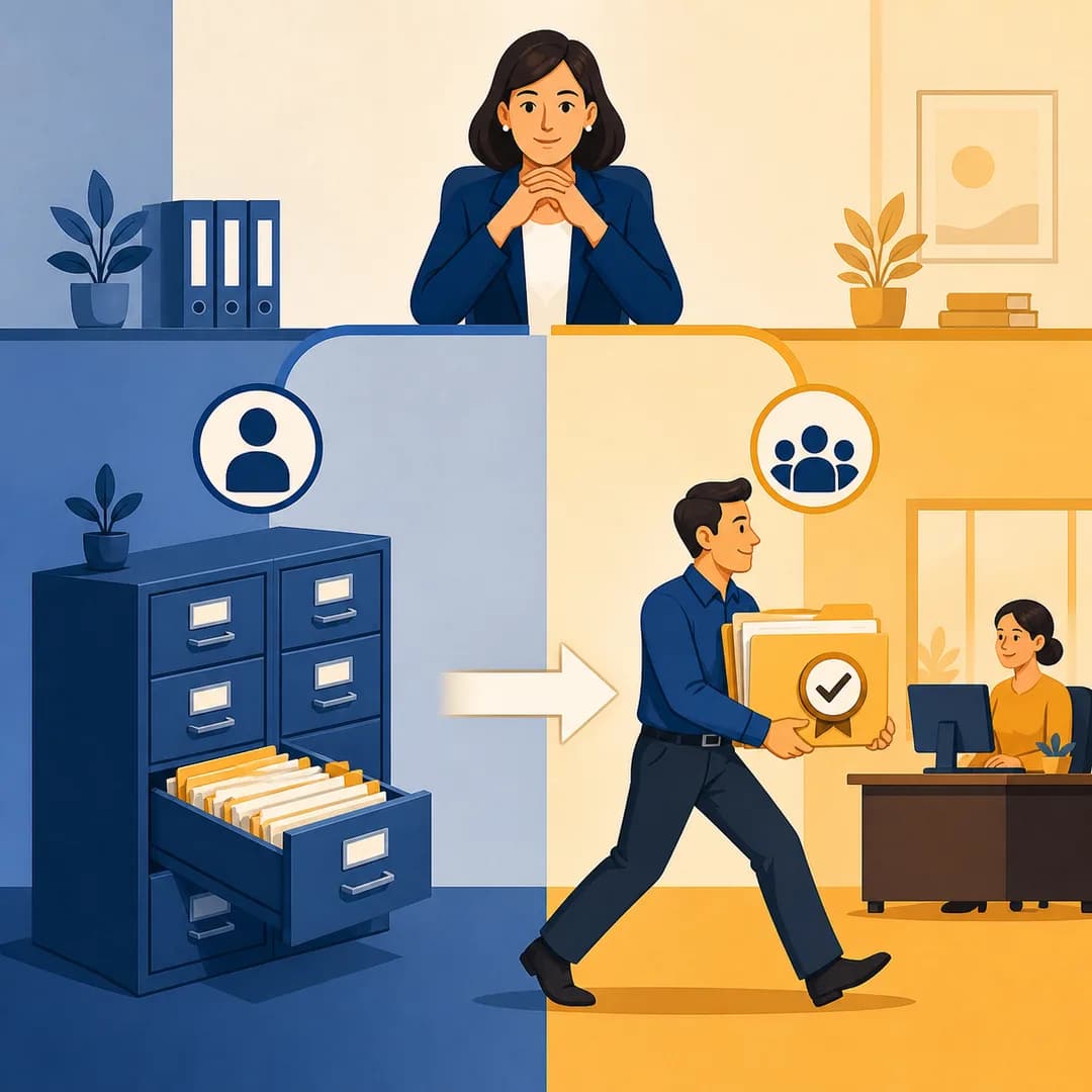 Tủ hồ sơ CRM ở một bên và nhân viên chuyển việc đã duyệt ở bên kia dưới sự giám sát của quản lý