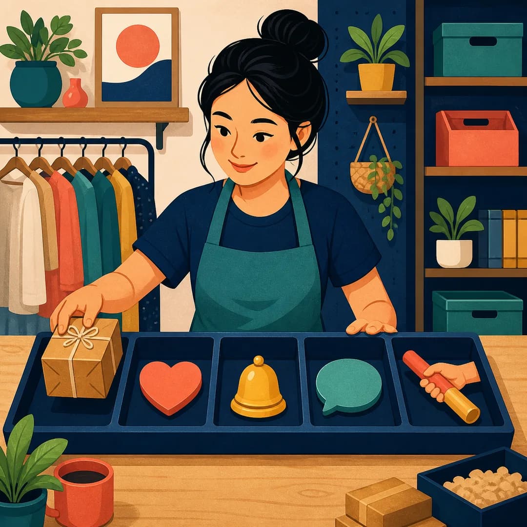 Chủ shop xếp bưu kiện, trái tim, chuông và bàn giao vào các khay việc rõ ràng