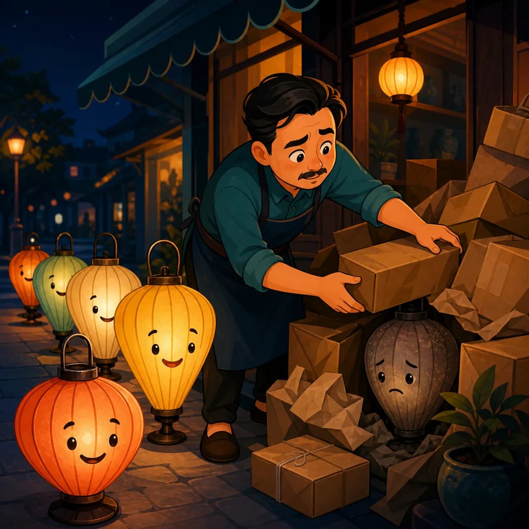 Chủ shop dọn các kiện hàng để tìm một chiếc đèn khách hàng cũ đang tắt