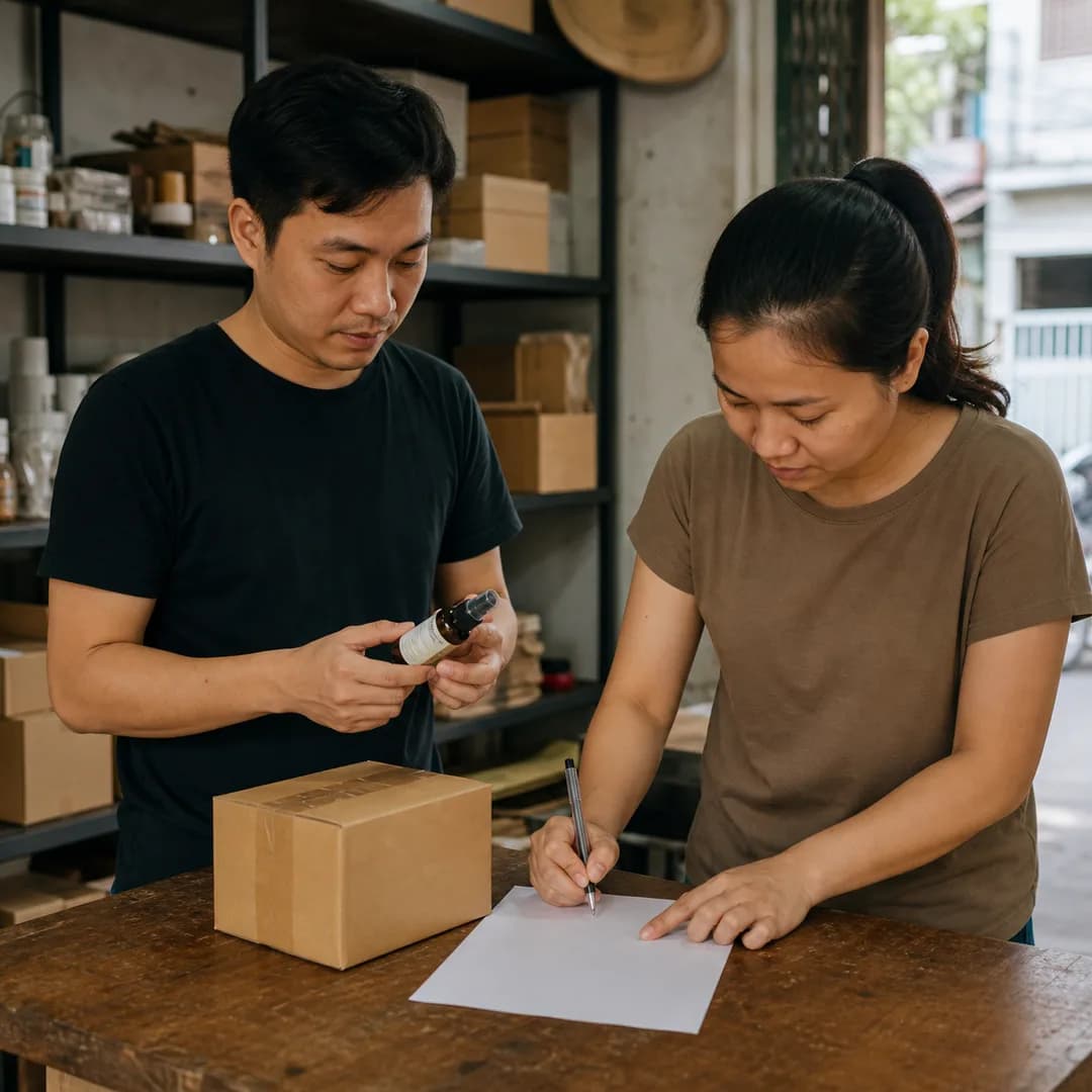 Chủ doanh nghiệp nhỏ Việt Nam cùng nhân viên ghi lại từng bước xử lý một công việc trên bảng