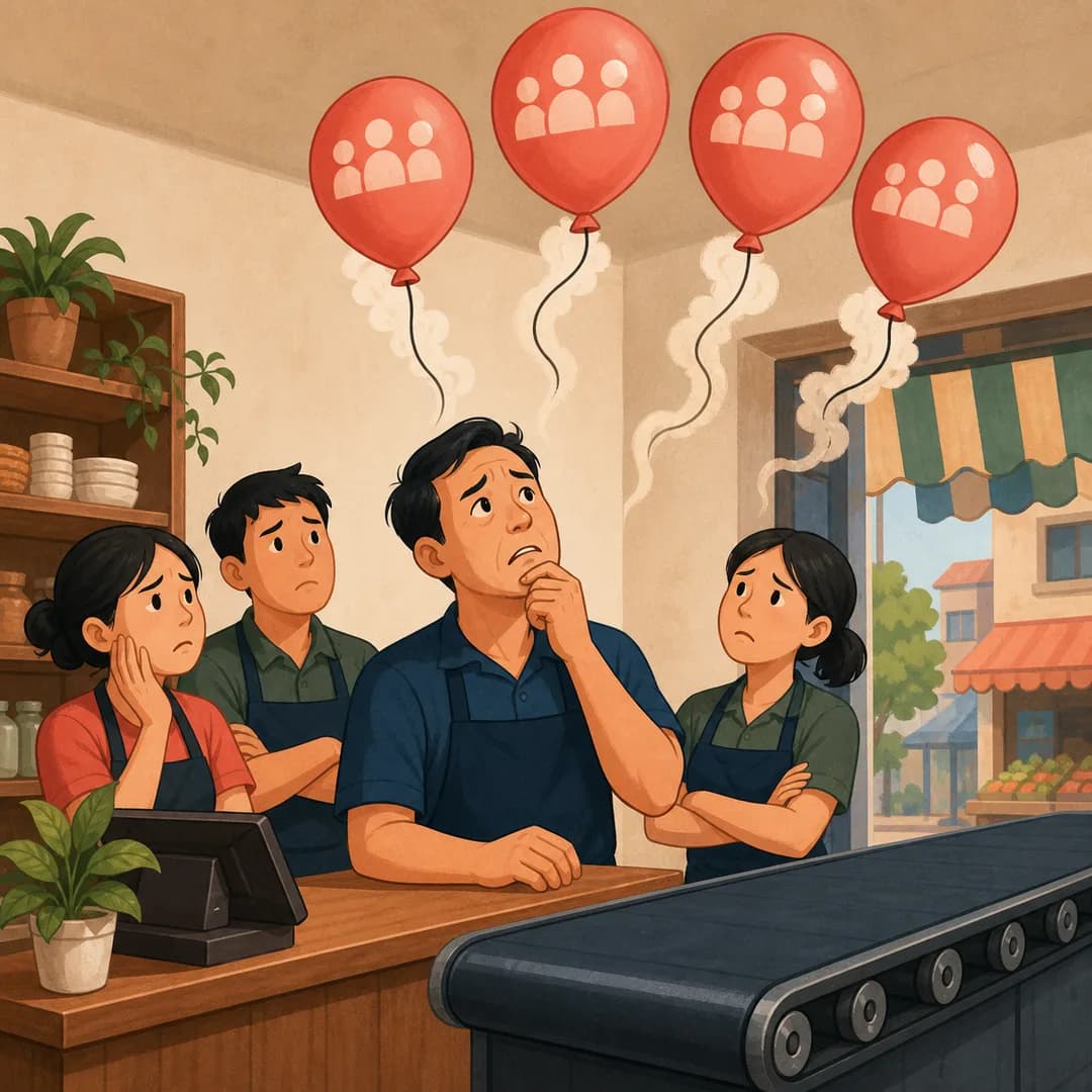 Chủ shop nhìn các quả bóng chi phí nhân sự bay lên trong khi dòng doanh thu đứng yên