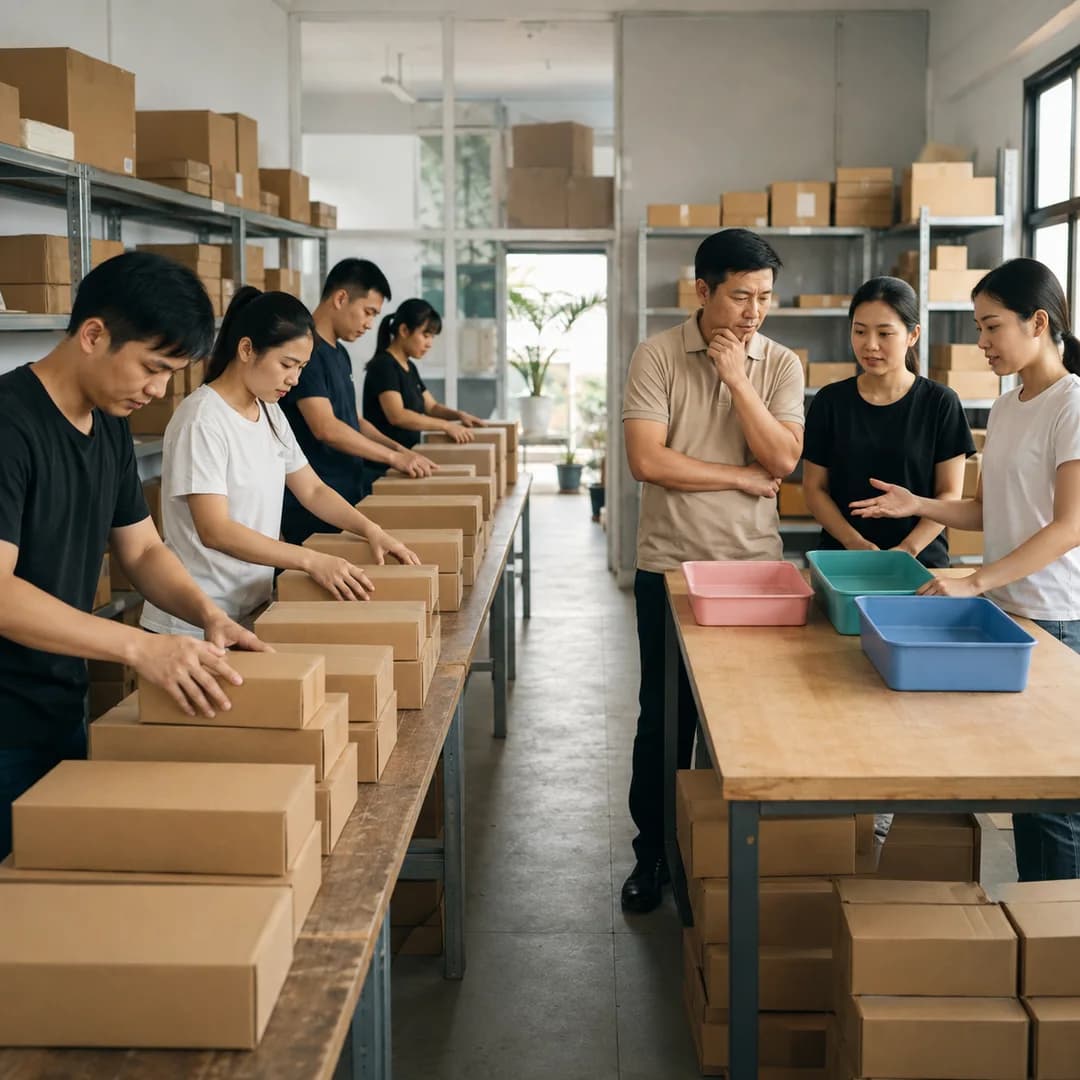 Quản lý shop Việt Nam quan sát nhân viên tìm hàng và đóng gói tại khu xử lý đơn