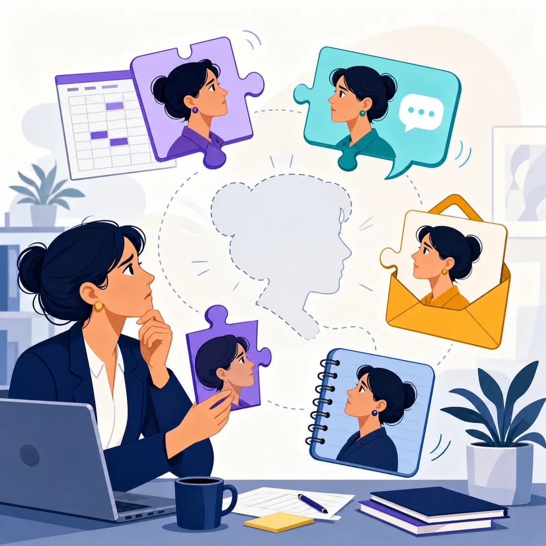 Giám đốc vận hành nhìn một khách hàng bị tách thành nhiều mảnh hồ sơ ở bảng tính, tin nhắn, email và sổ tay