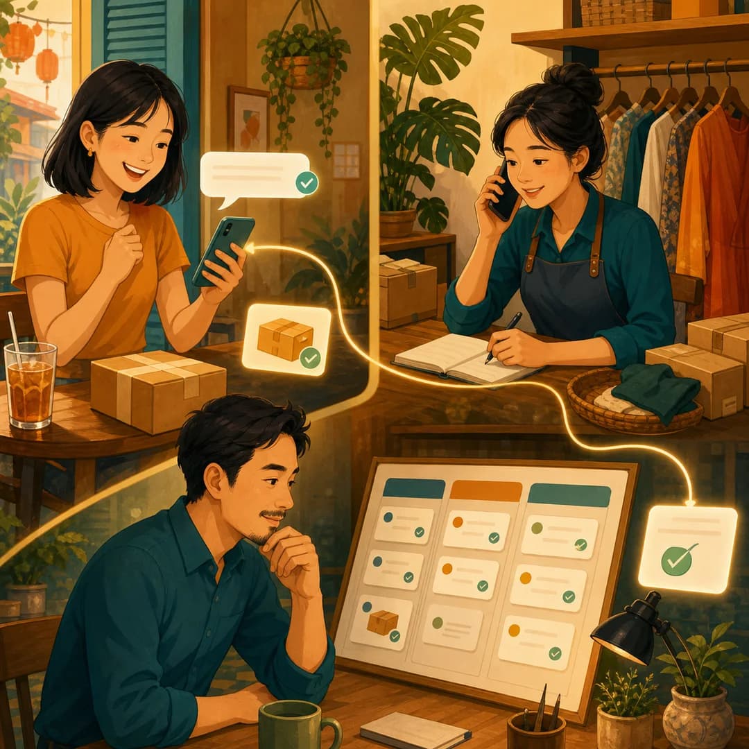 Khách hàng, nhân viên và chủ shop cùng nhìn một bảng công việc có Nhân sự số hỗ trợ