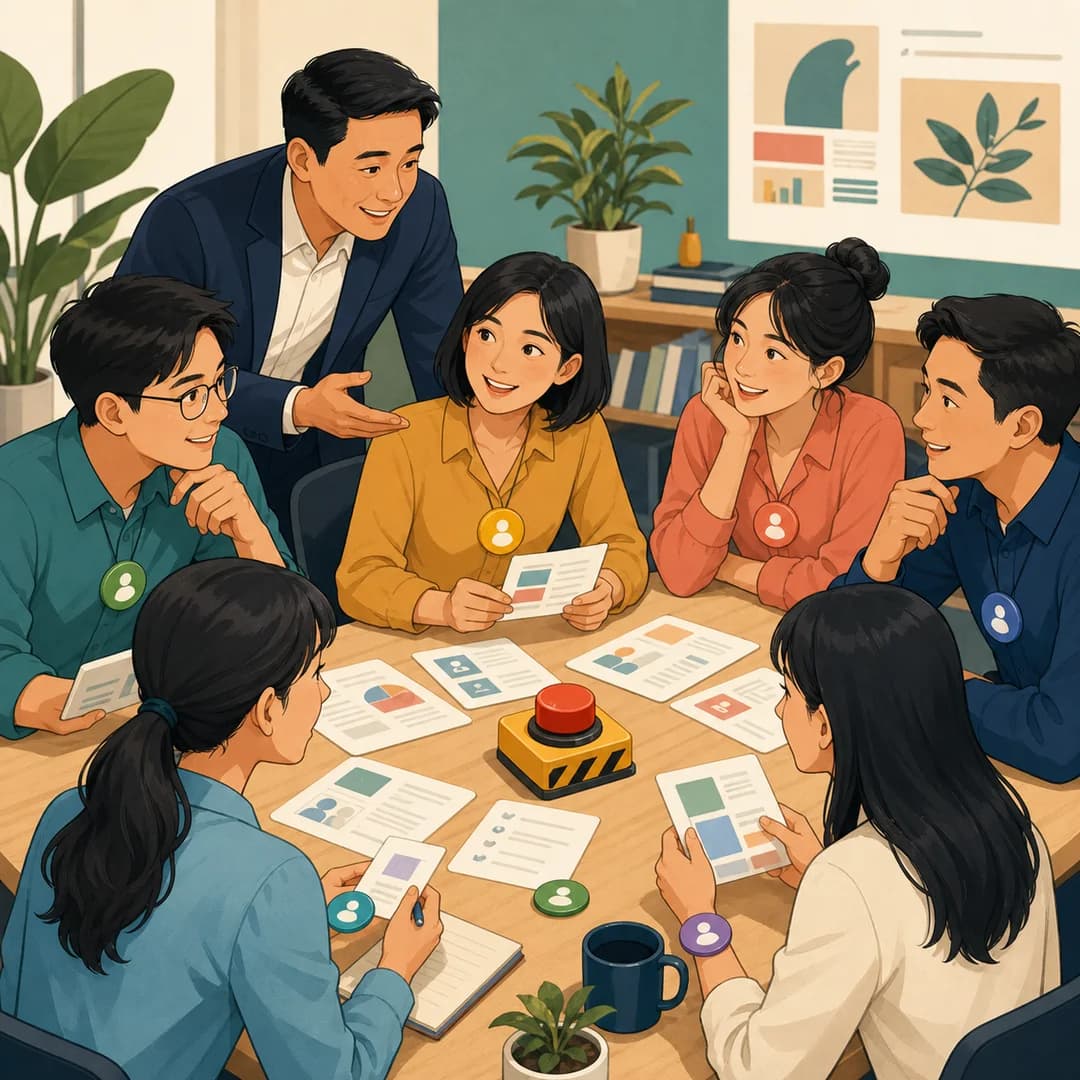 Nhóm nhân viên cùng học trên một bàn thực hành, mỗi người giữ một thẻ vai trò và nút dừng
