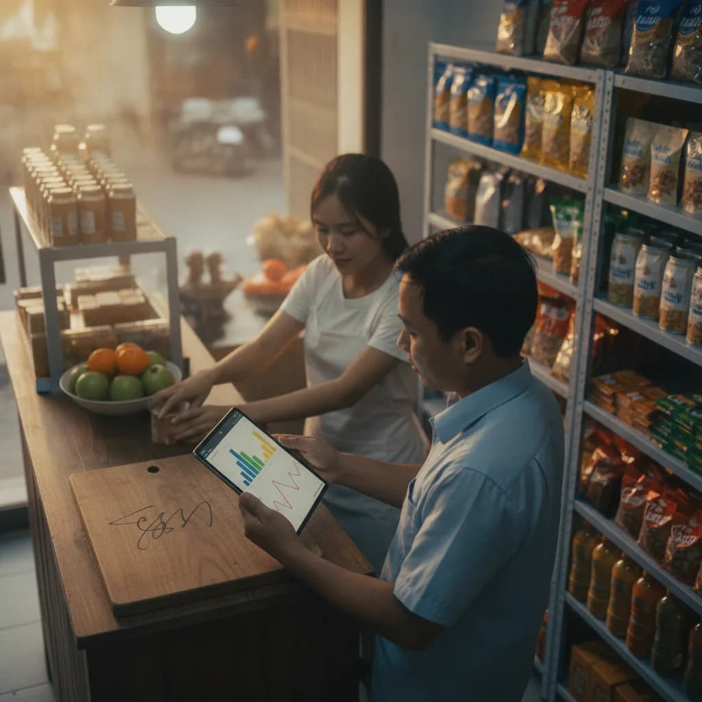 Chủ shop người Việt đứng sau quầy trong cửa hàng nhỏ, hai tay cầm máy tính bảng đang mở bảng theo dõi doanh thu mờ nhẹ, phía sau một nhân viên đang xếp hàng lên kệ