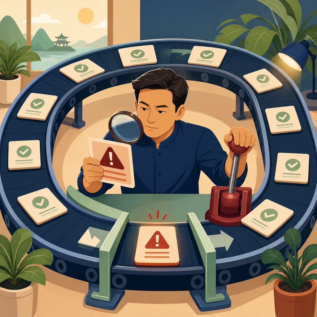 Người quản lý đứng tại trạm duyệt giữa vòng lặp công việc và kéo cần dừng khi có ngoại lệ