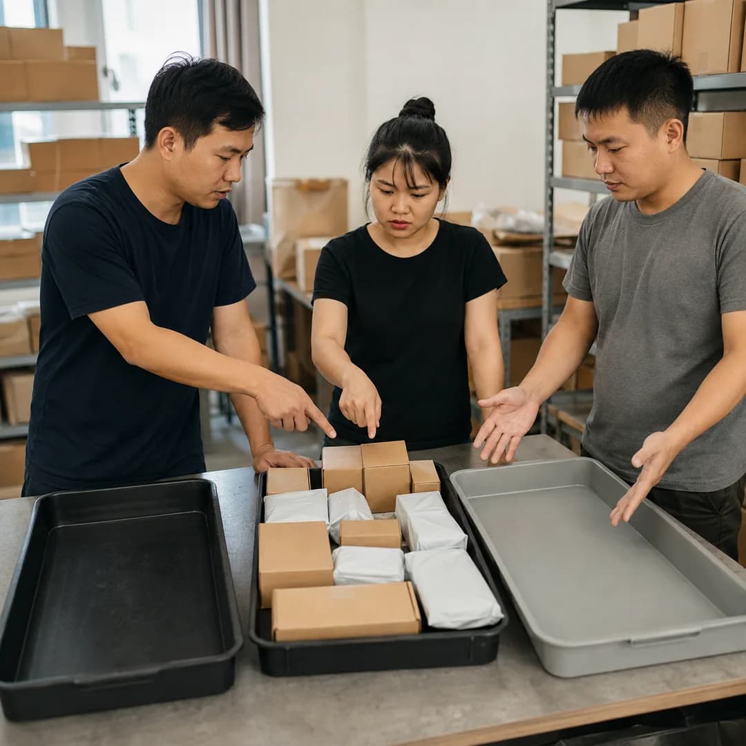 Nhân viên kho shop Việt Nam đứng trước hàng nhãn in nhanh nhưng bàn đóng gói đang ùn