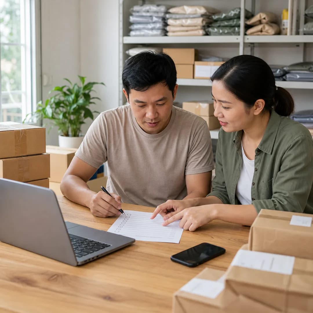Chủ shop Việt Nam kiểm tra luồng công việc tự động trên màn hình cùng nhân viên vận hành