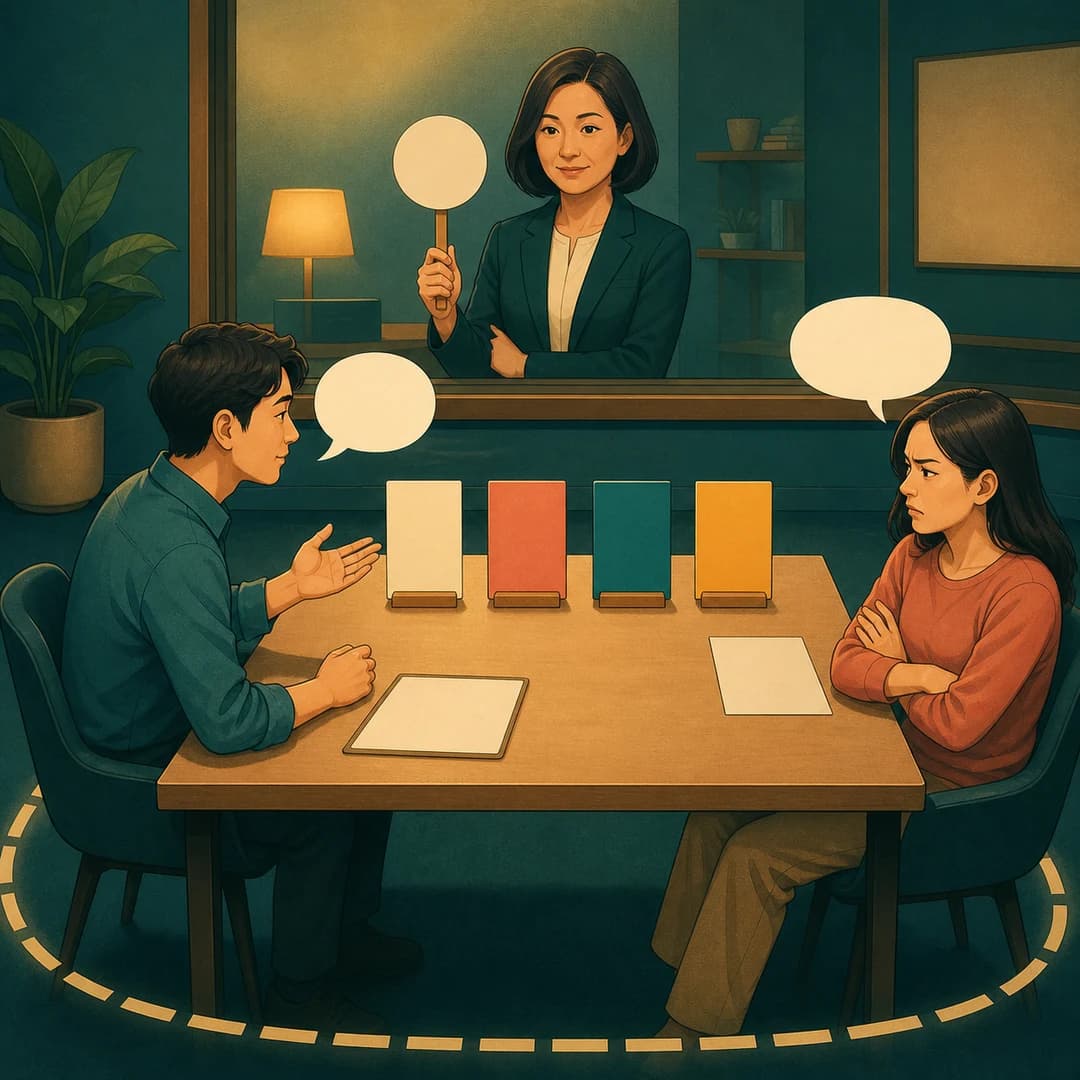 Minh họa 2D buổi diễn tập hội thoại khó với quản lý cầm quyền dừng