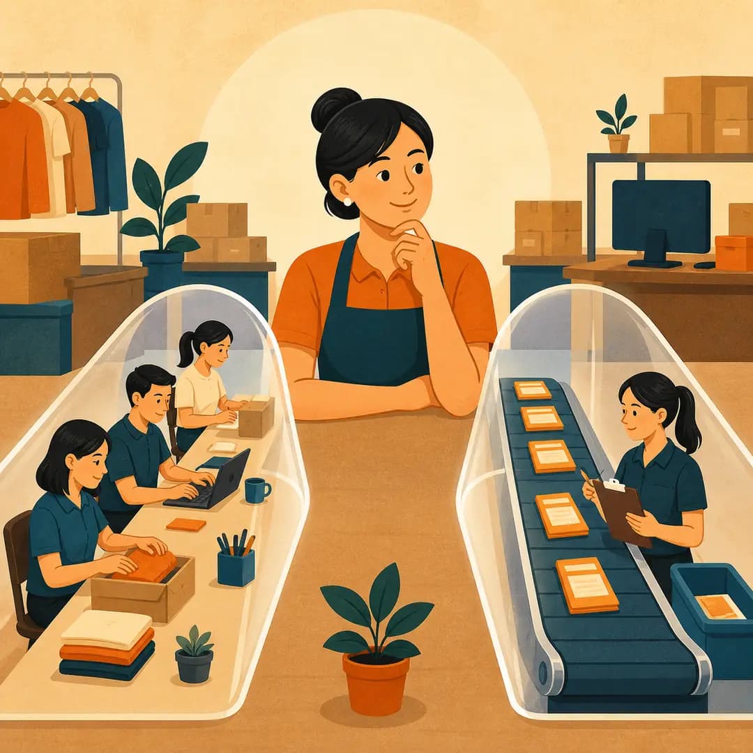Chủ shop cân nhắc đường làm việc của đội người và băng chuyền việc lặp có người giám sát