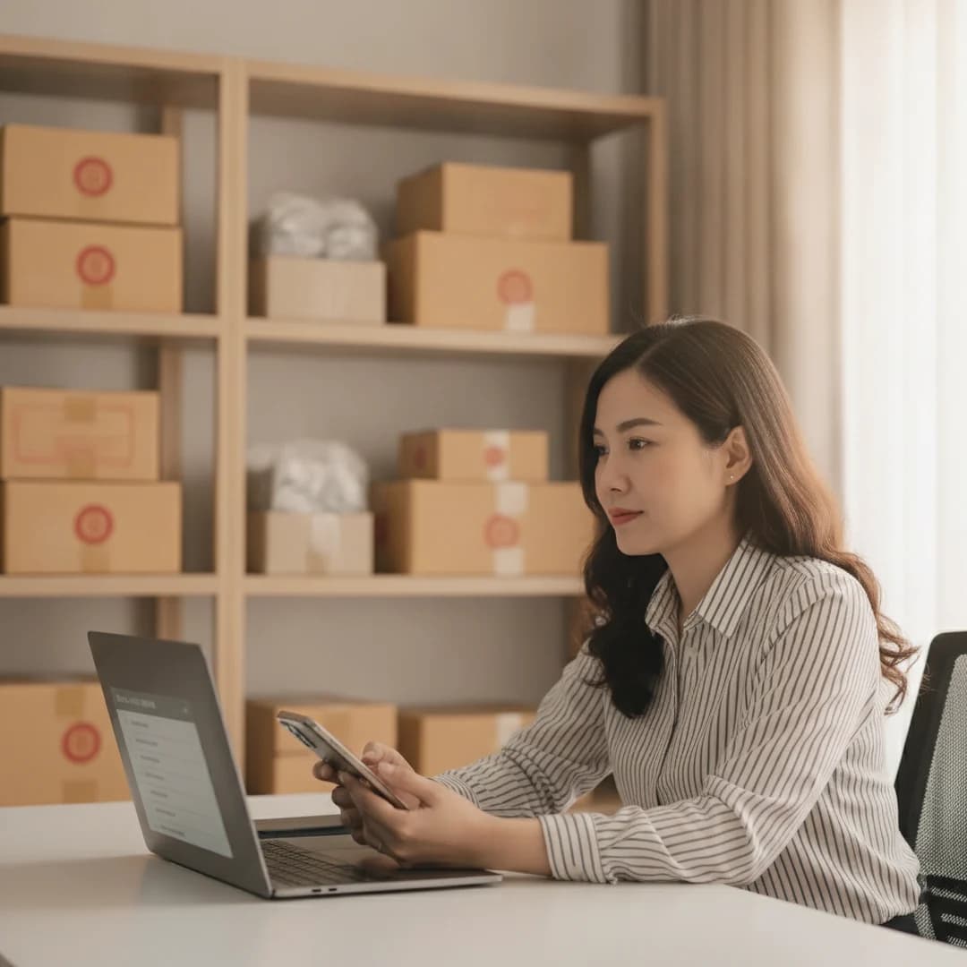 Chủ shop người Việt ngồi ở bàn làm việc nhỏ, tay cầm điện thoại, mắt nhìn sang màn hình máy tính đang mở danh sách việc trong ngày, phía sau là kệ hàng đóng gói