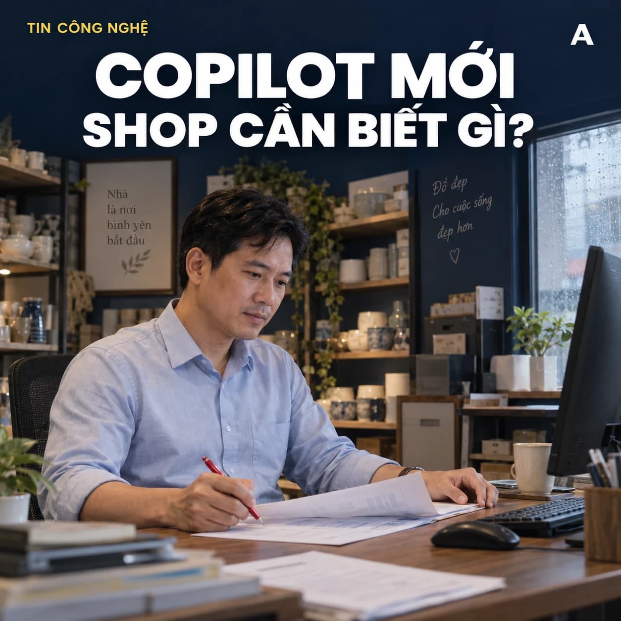 Quản lý nam tại cửa hàng đồ gia dụng dùng bút đỏ kiểm báo cáo giấy cạnh máy tính để bàn