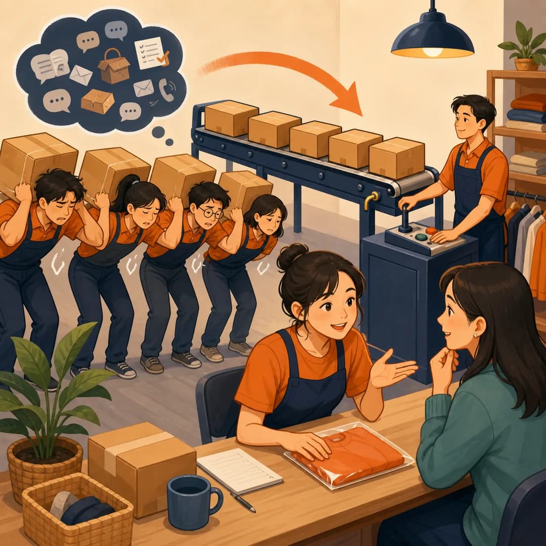 Băng chuyền nhận các hộp việc lặp lại khỏi vai nhân viên shop