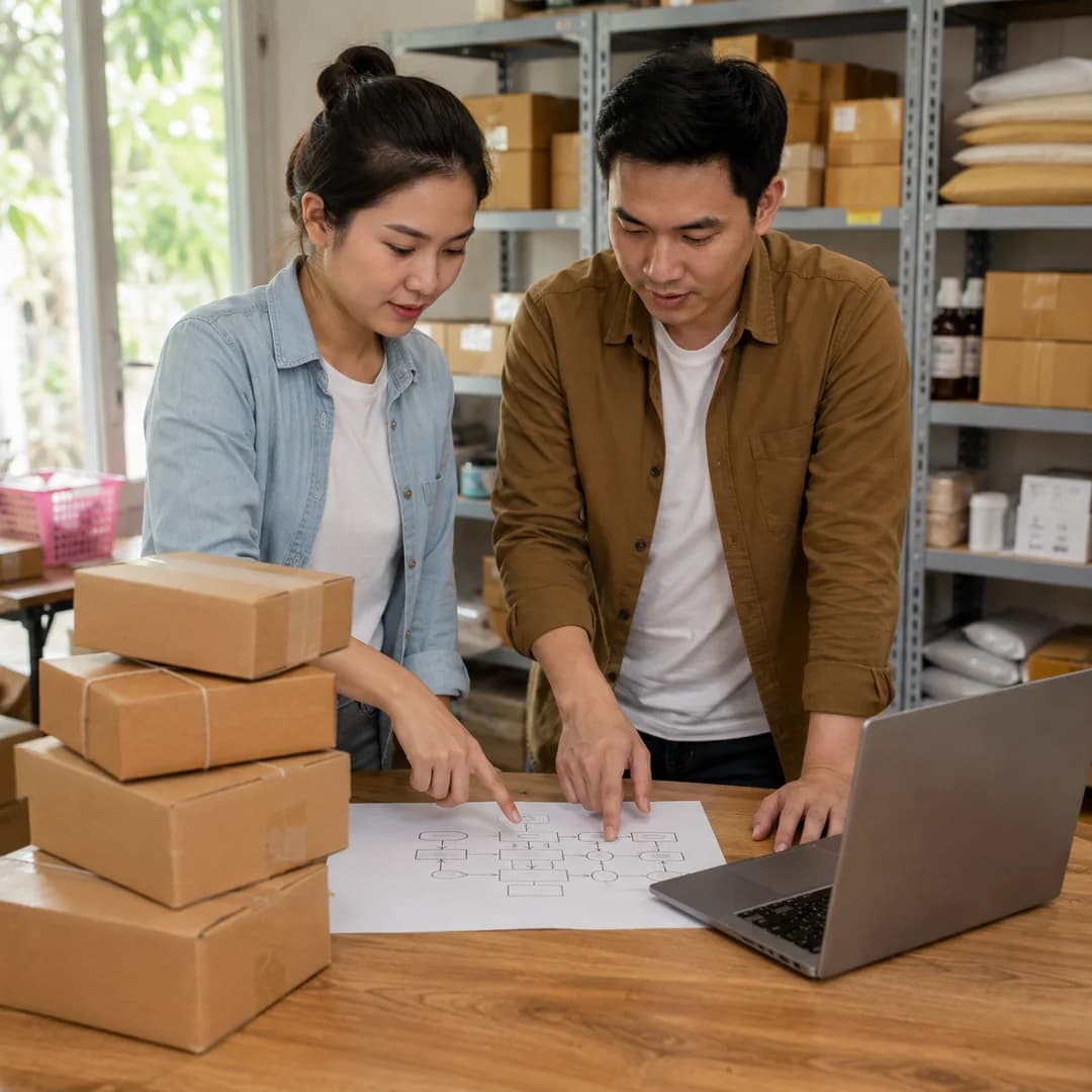 Quản lý shop Việt Nam cùng nhân viên đối chiếu đơn đạt chuẩn và thời gian xử lý