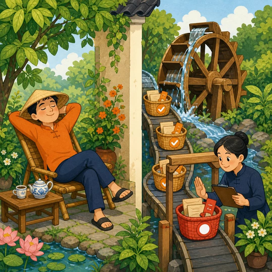 Chủ shop nghỉ trong khu vườn bên cạnh guồng nước đưa các giỏ việc đi qua điểm kiểm tra
