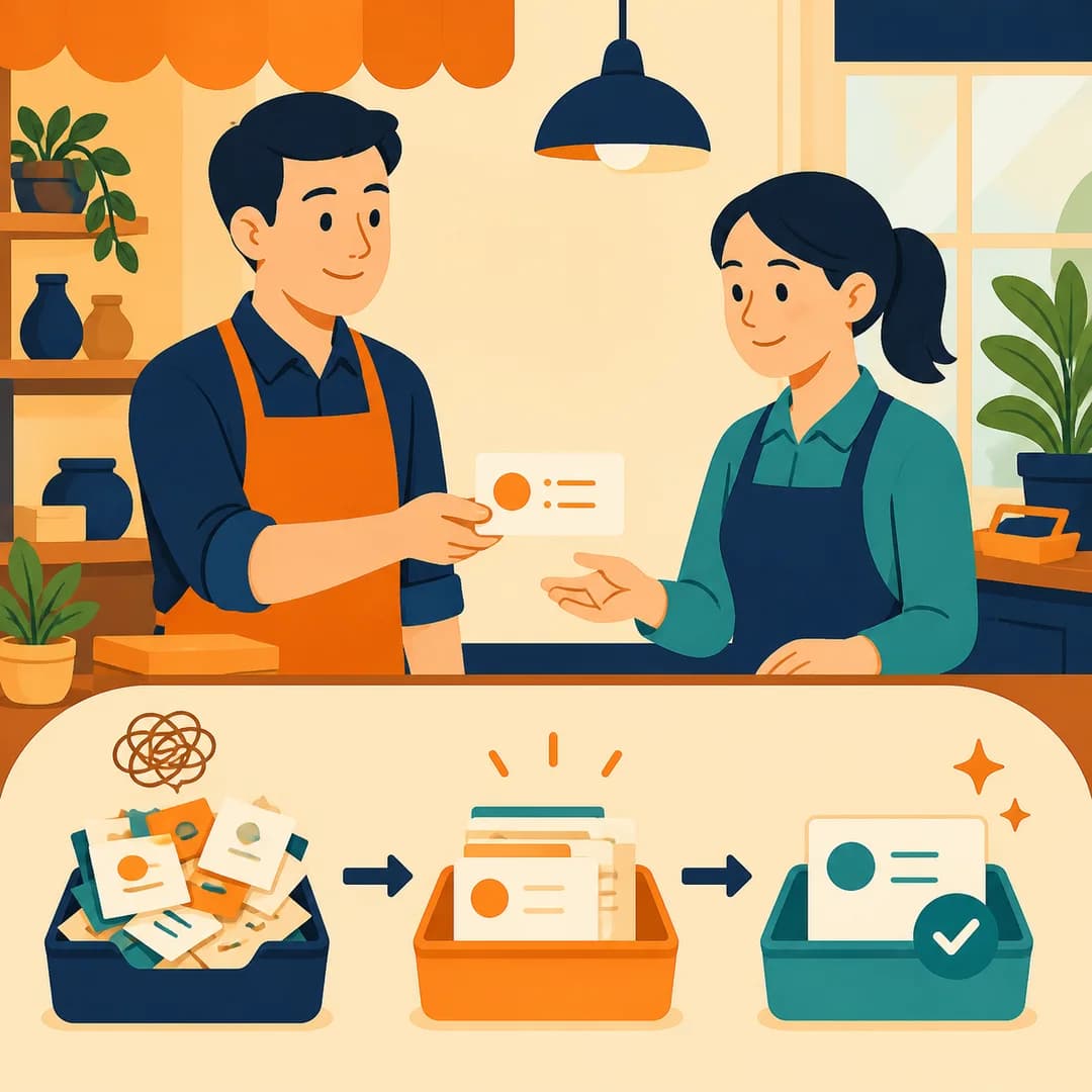 Chủ shop và nhân viên sắp một luồng việc rối thành ba khay rõ ràng