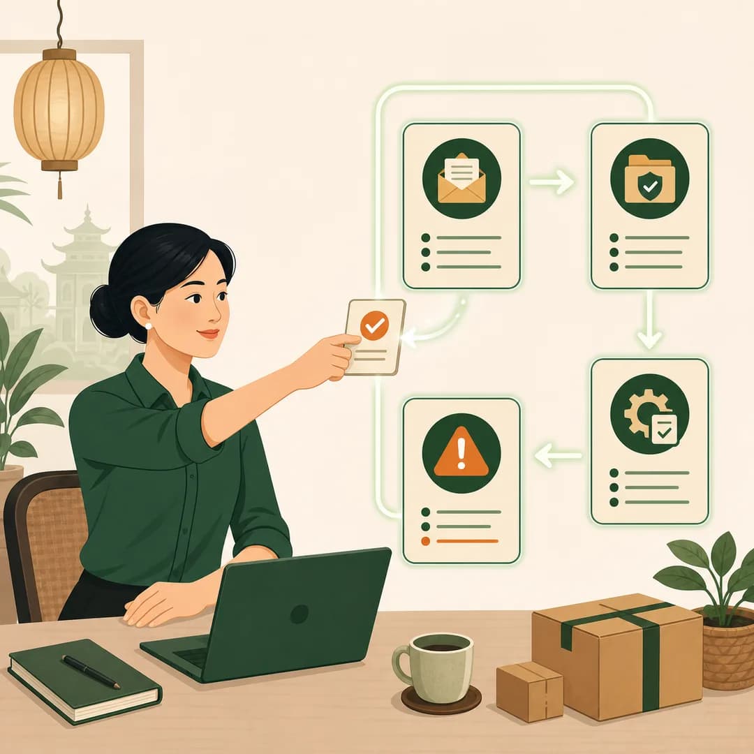 Người quản lý duyệt một quy trình bốn bước do Nhân viên AI thực hiện trong phạm vi được giao