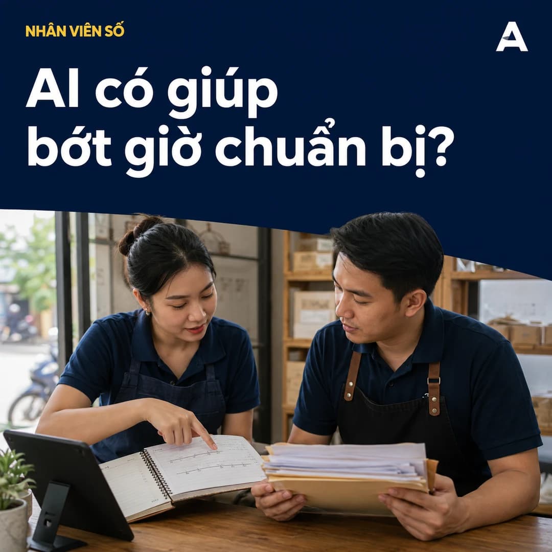 Ảnh AI minh họa hai nhân viên Việt Nam xem máy tính bảng và sổ ghi thời gian chuẩn bị tư vấn
