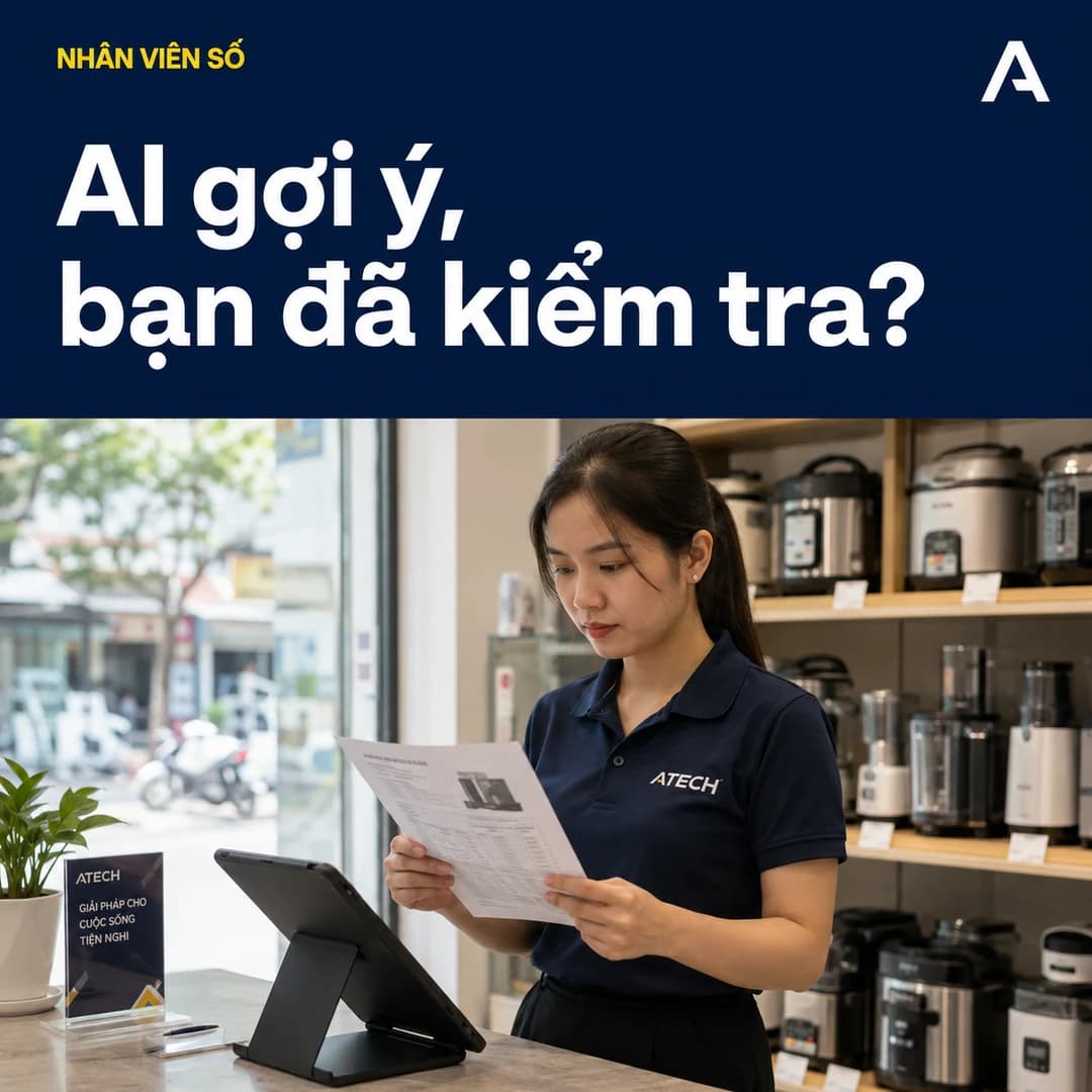 Ảnh AI minh họa nữ nhân viên Việt Nam đối chiếu tài liệu với nội dung trên máy tính bảng