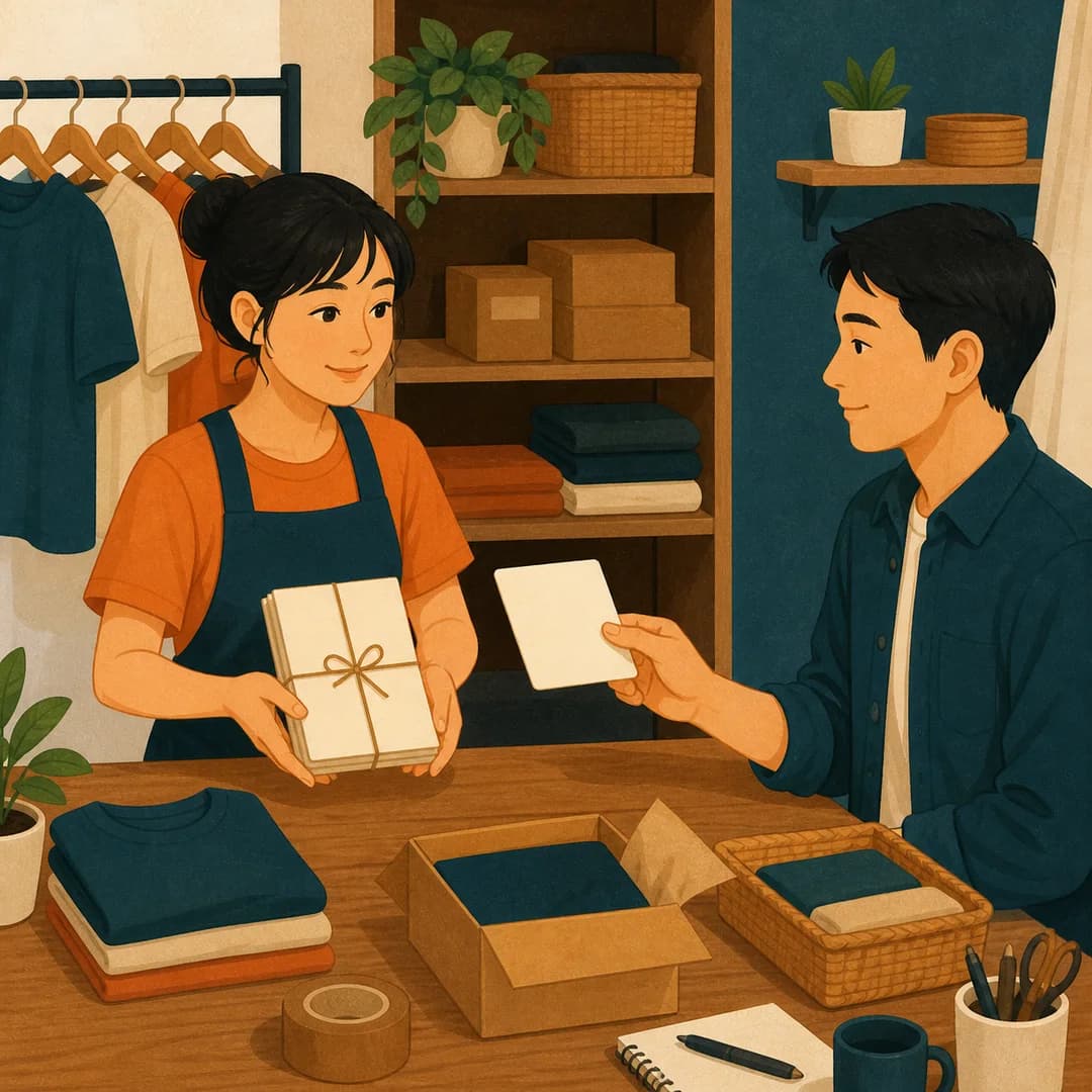 Nhân viên sắp bốn thẻ thông tin gọn trước khi trao một quyết định cho chủ shop