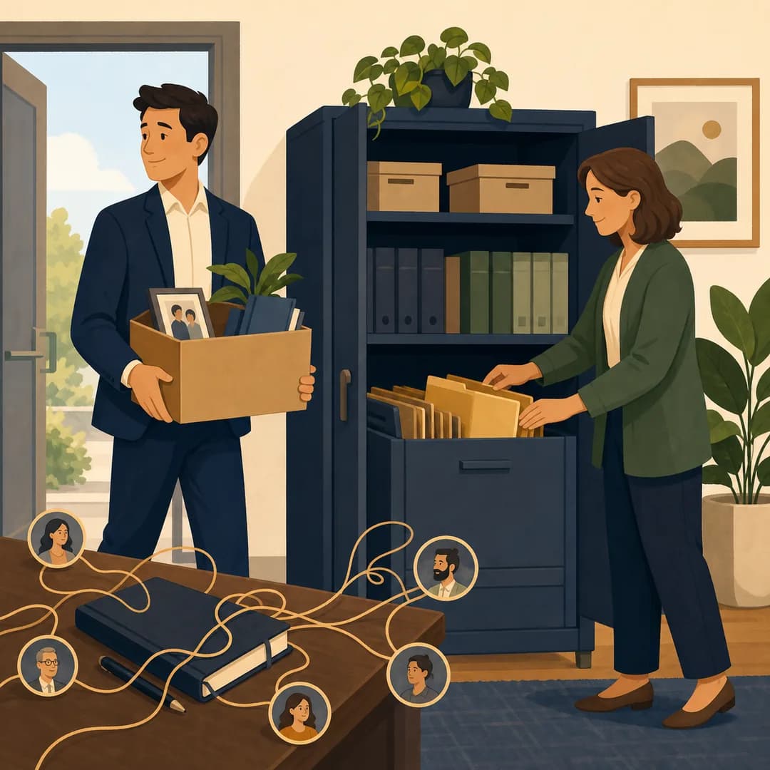 Nhân viên rời văn phòng trong lúc chủ doanh nghiệp sắp xếp lịch sử khách hàng vào tủ hồ sơ chung