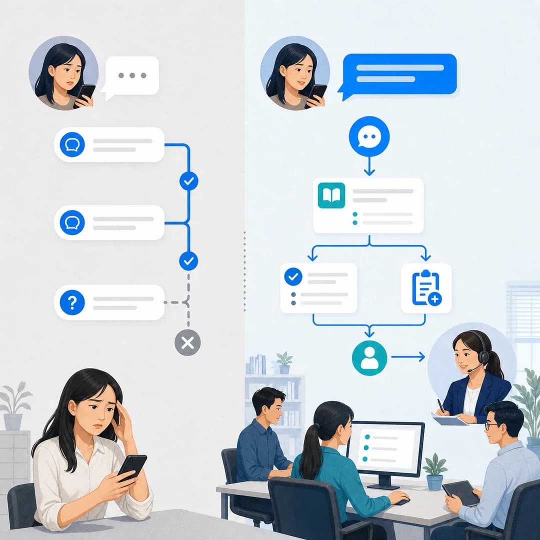 Minh họa chatbot dừng ở câu hỏi ngoài kịch bản và Nhân sự số chuyển việc cho con người