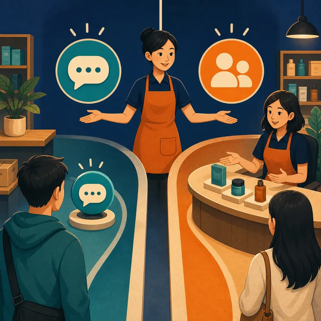 Nhân viên shop đứng giữa làn tiếp nhận nhanh và bàn tư vấn có người phụ trách